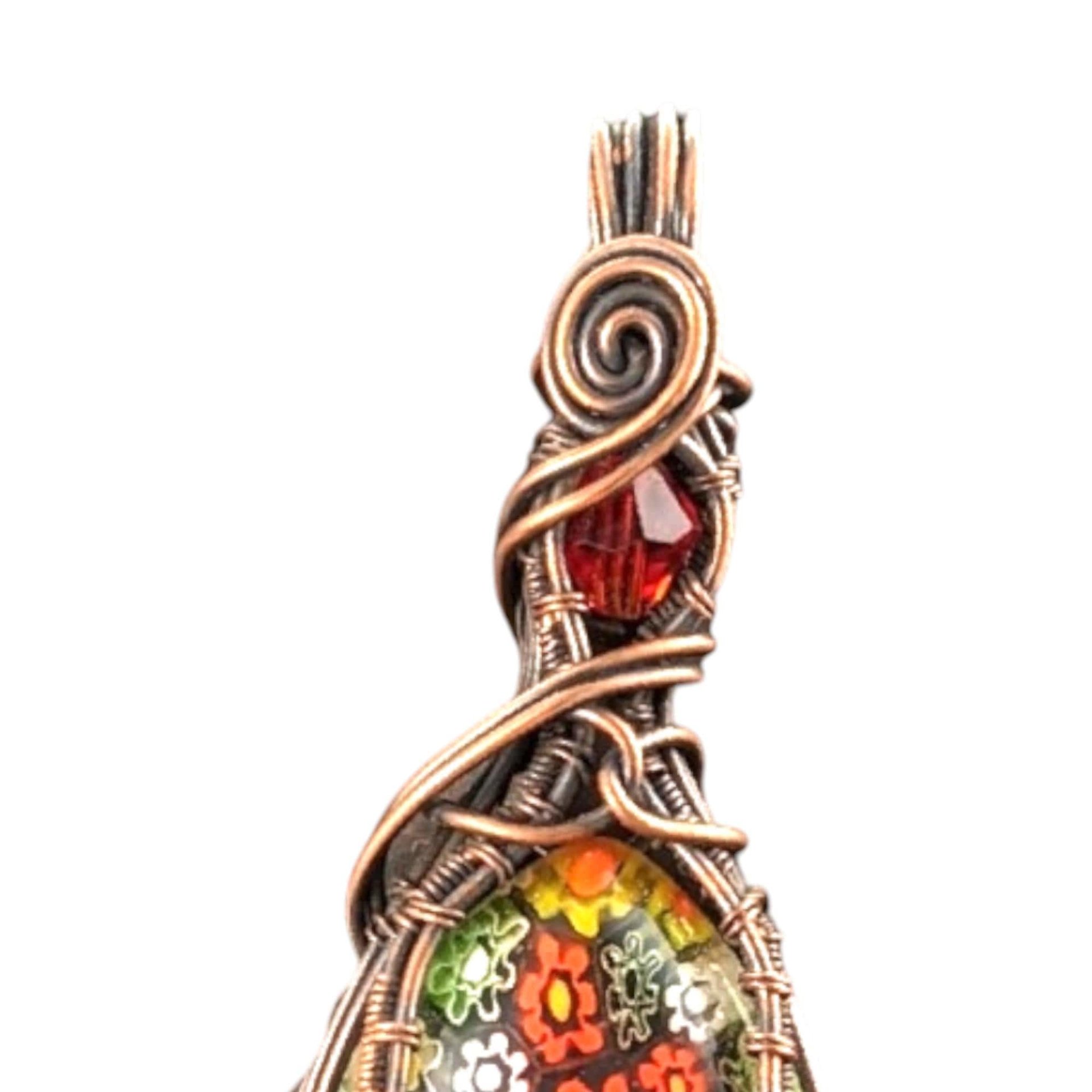 Copper Wire Wrapped Millefiori Pendant: Colorful Glass Cabochon