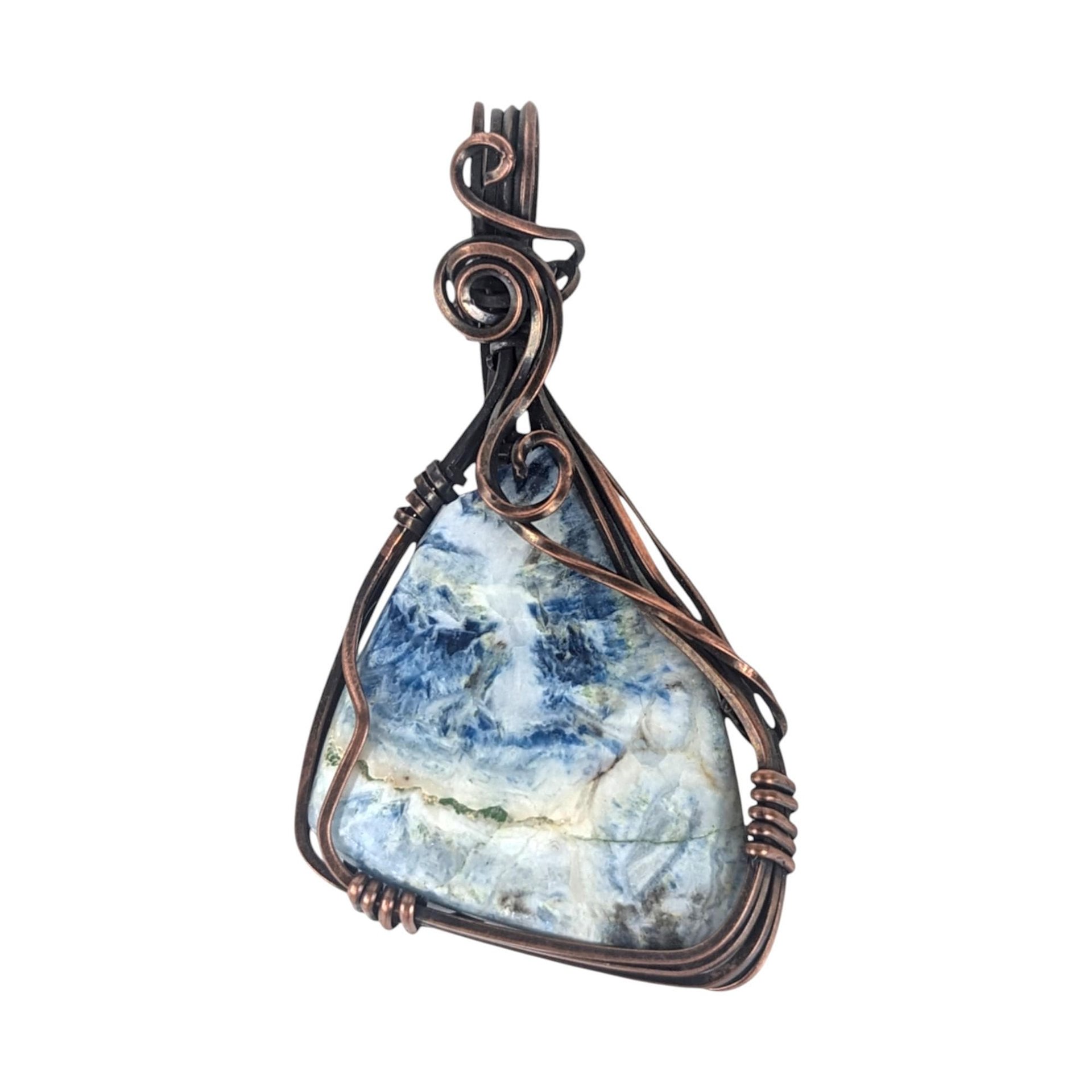 Copper Wire Wrapped Pendant: Blue Scheelite Stone, Handmade Natural Gemstone Jewelry