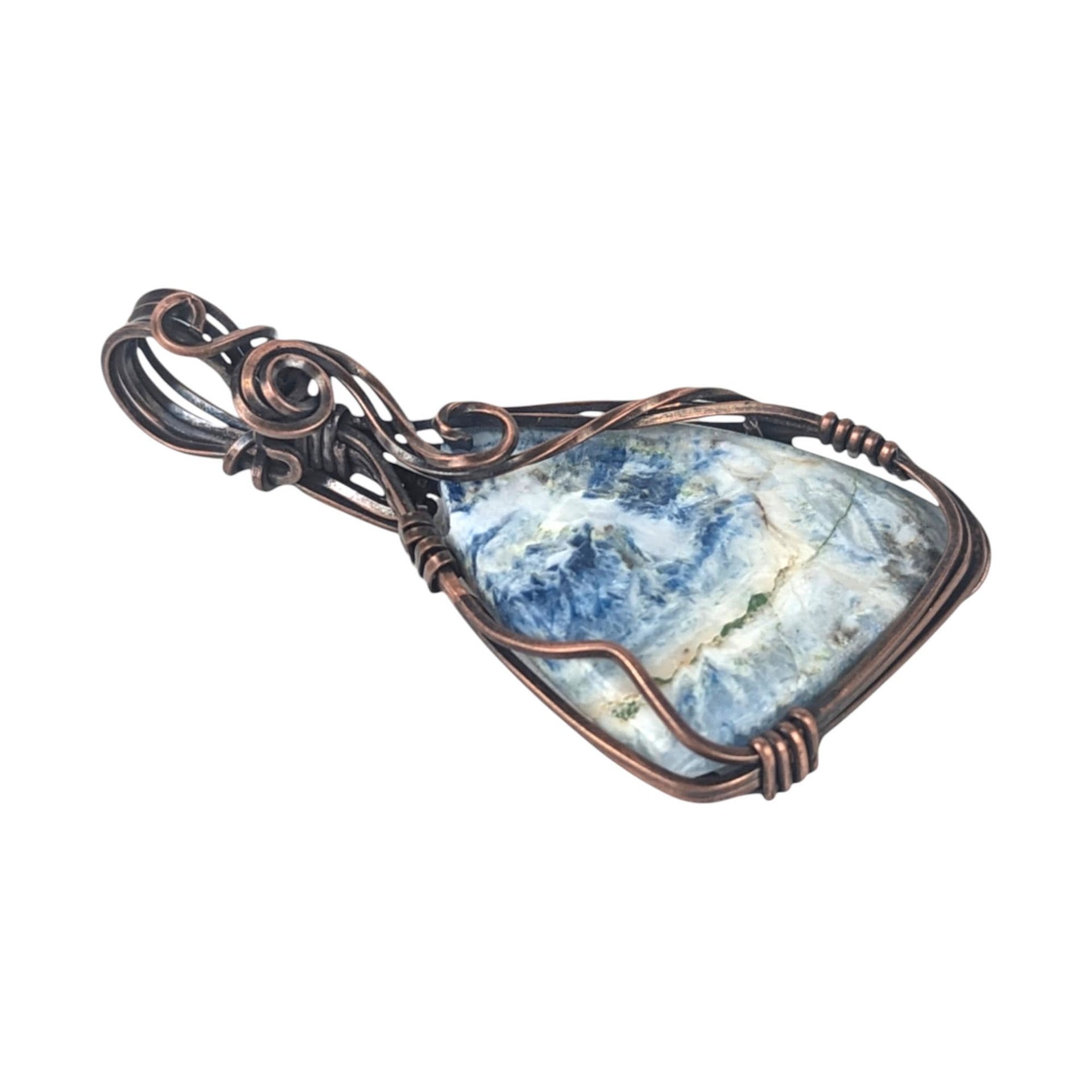 Copper Wire Wrapped Pendant: Blue Scheelite Stone, Handmade Natural Gemstone Jewelry