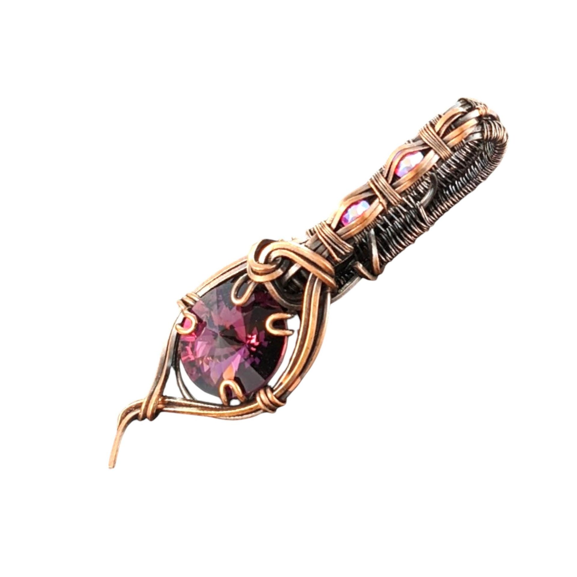 Copper Wire Wrapped Pendant: Purple Rivoli Crystal Charm, Handmade Artisan Jewelry