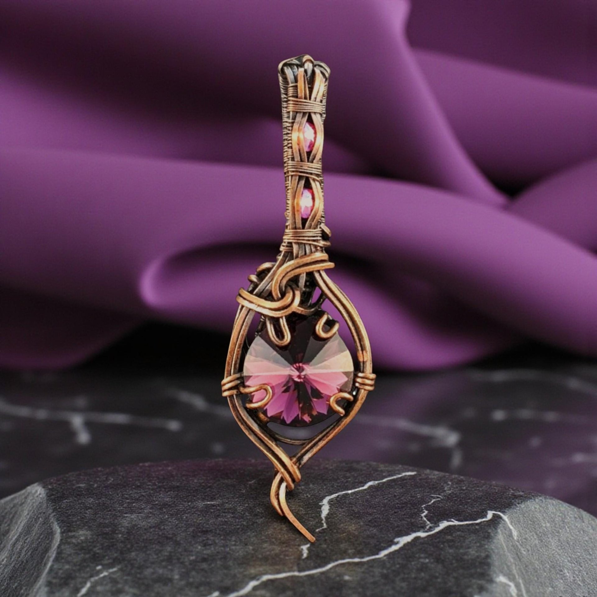 Copper Wire Wrapped Pendant: Purple Rivoli Crystal Charm, Handmade Artisan Jewelry