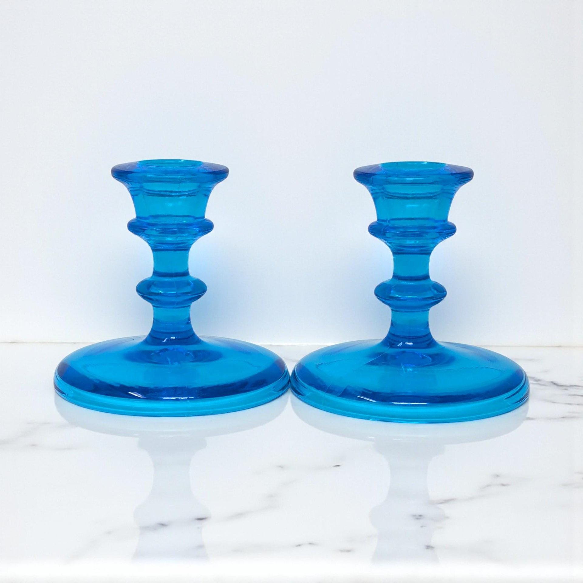 Vintage Blue Glass Candlesticks: Pair of Taper Candle Holders