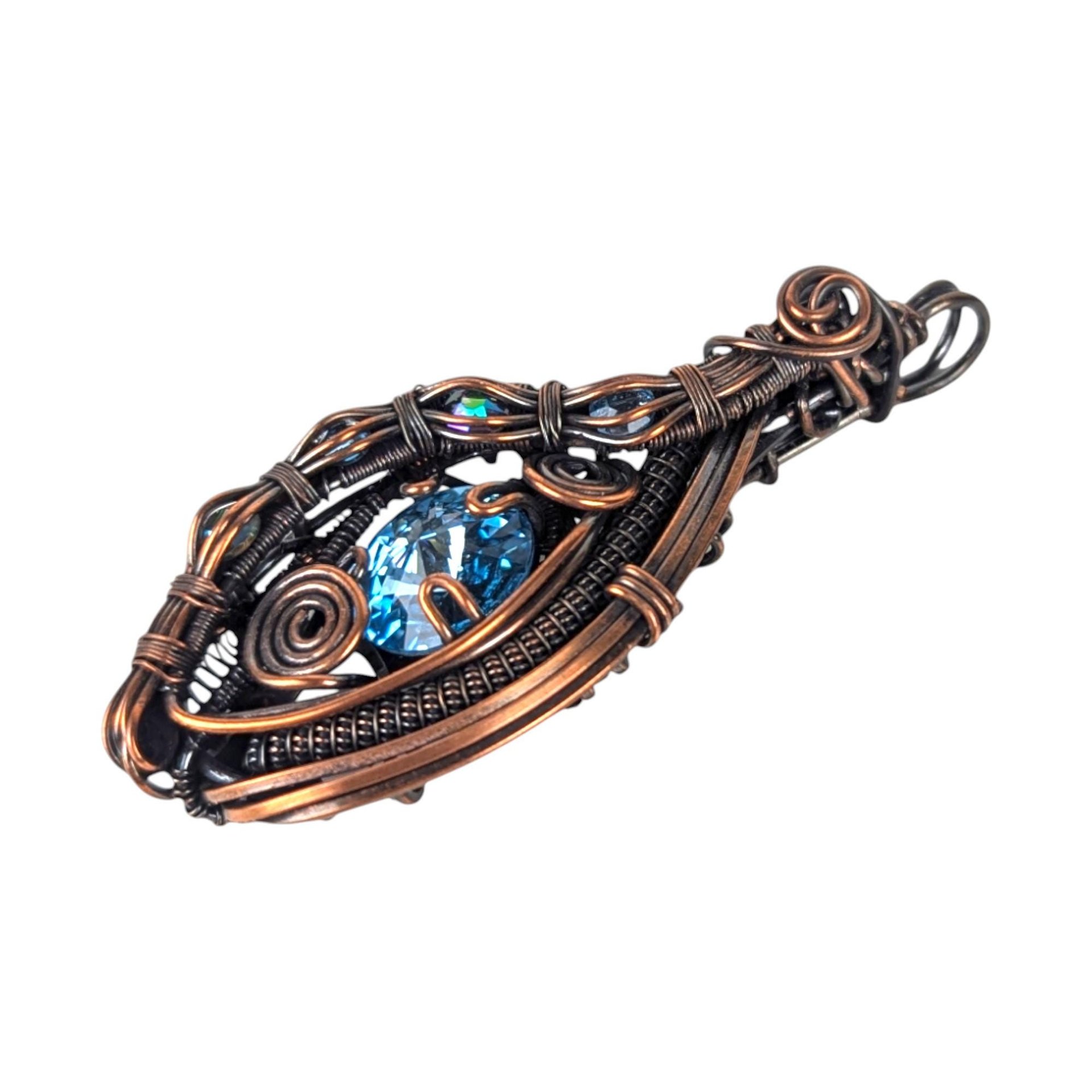 Handmade Copper Wire Wrapped Pendant: Blue Rivoli Crystal Statement Jewelry