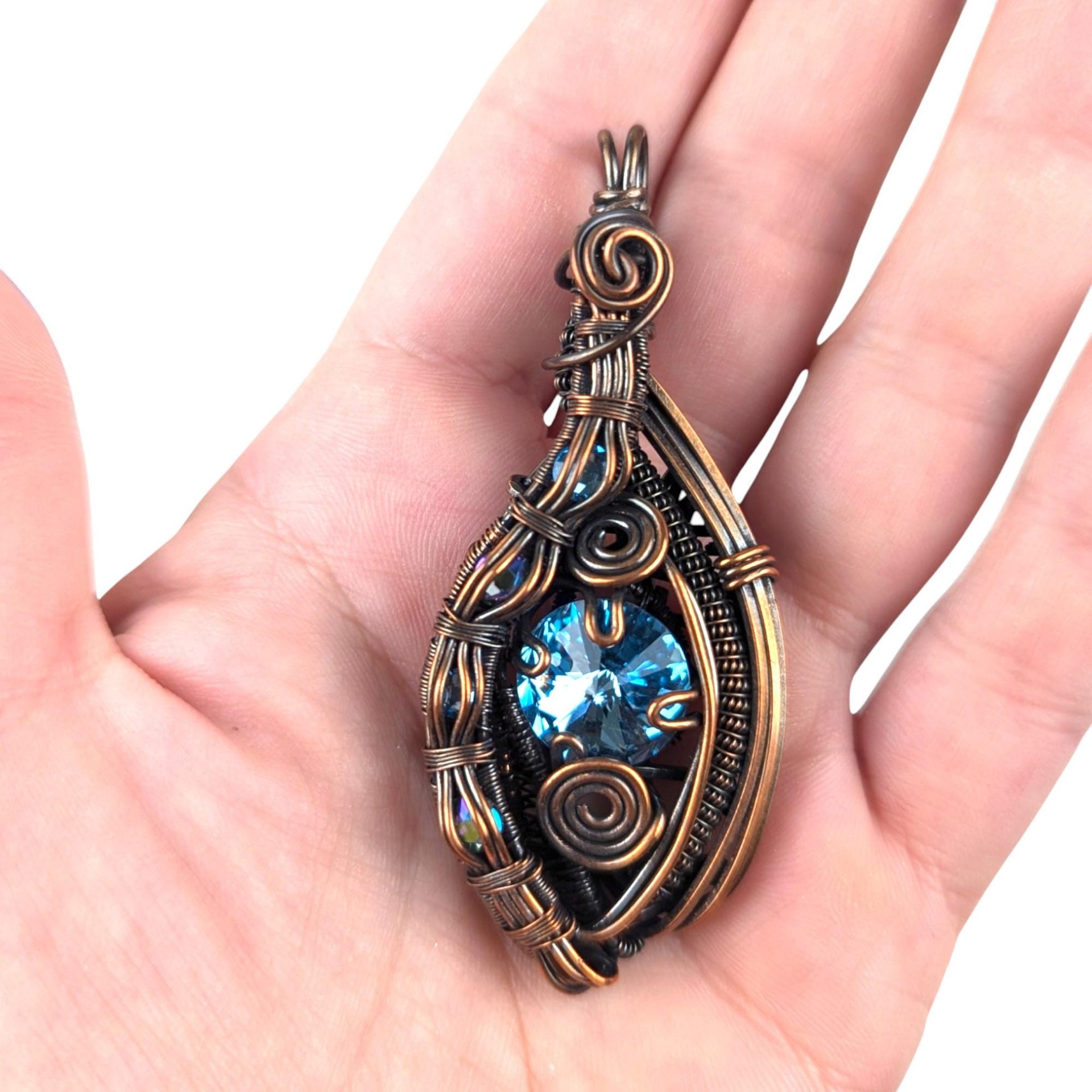 Handmade Copper Wire Wrapped Pendant: Blue Rivoli Crystal Statement Jewelry