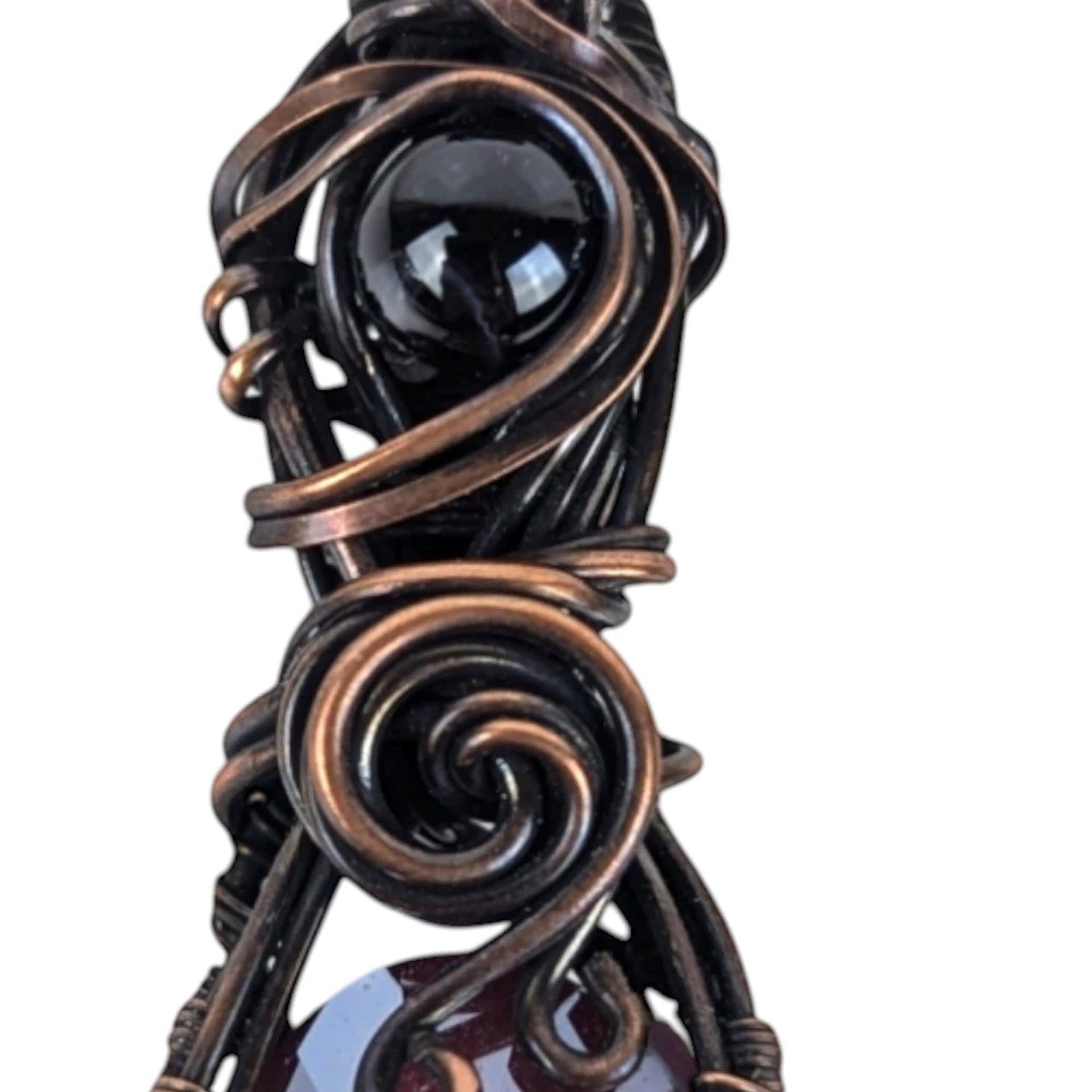 Copper Wire Wrapped Pendant: Purple Teardrop Crystal and Black Bead