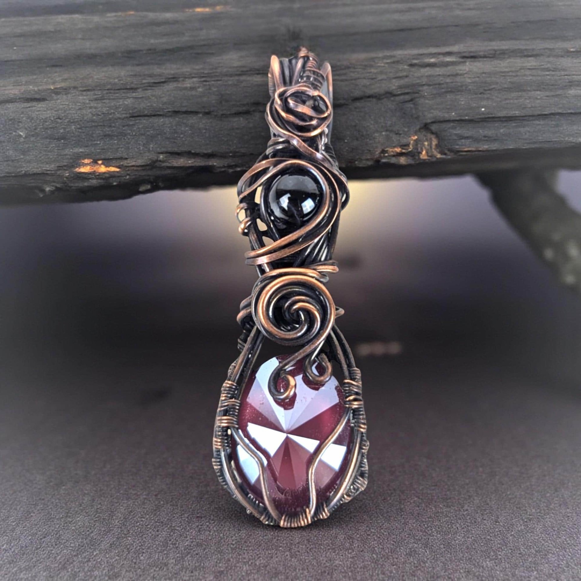 Copper Wire Wrapped Pendant: Purple Teardrop Crystal and Black Bead