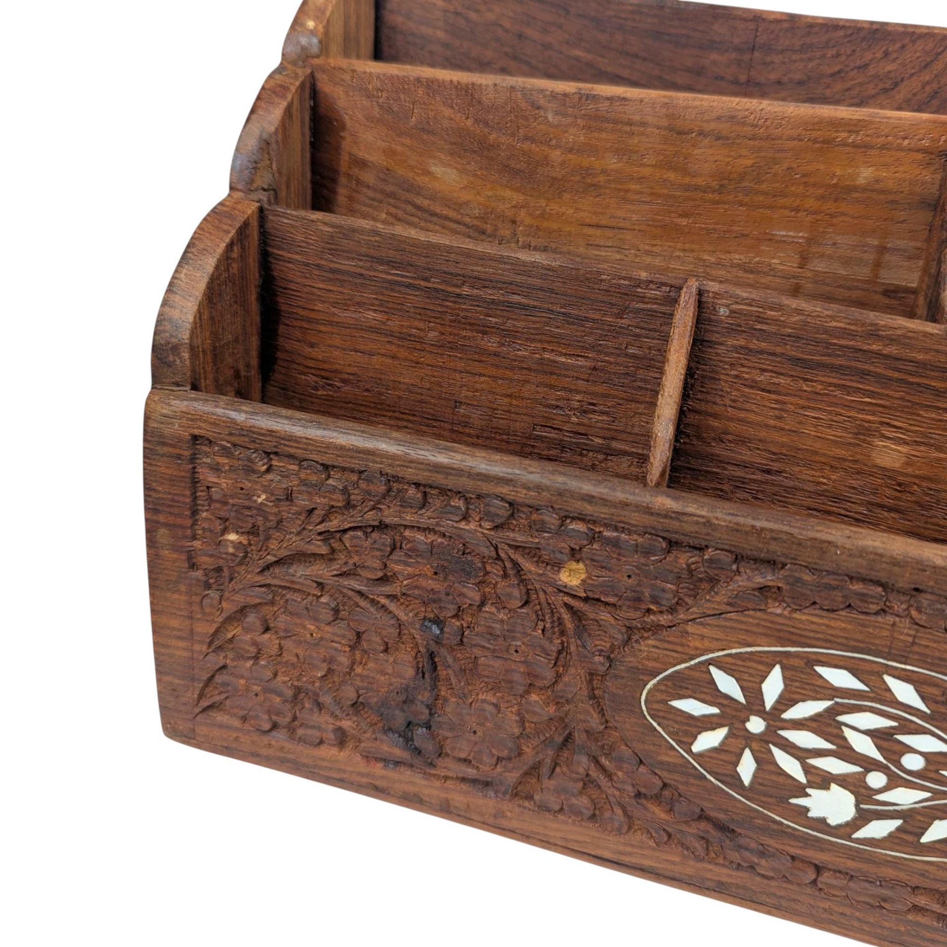 Vintage Carved Wood Desk Organizer: Rosewood & Inlay Letter Holder