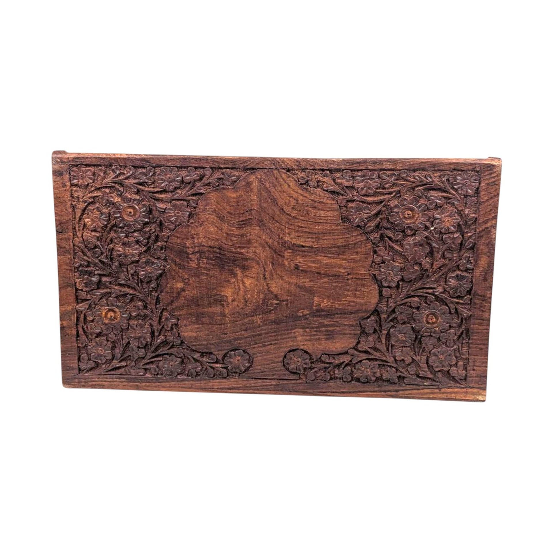 Vintage Carved Wood Desk Organizer: Rosewood & Inlay Letter Holder