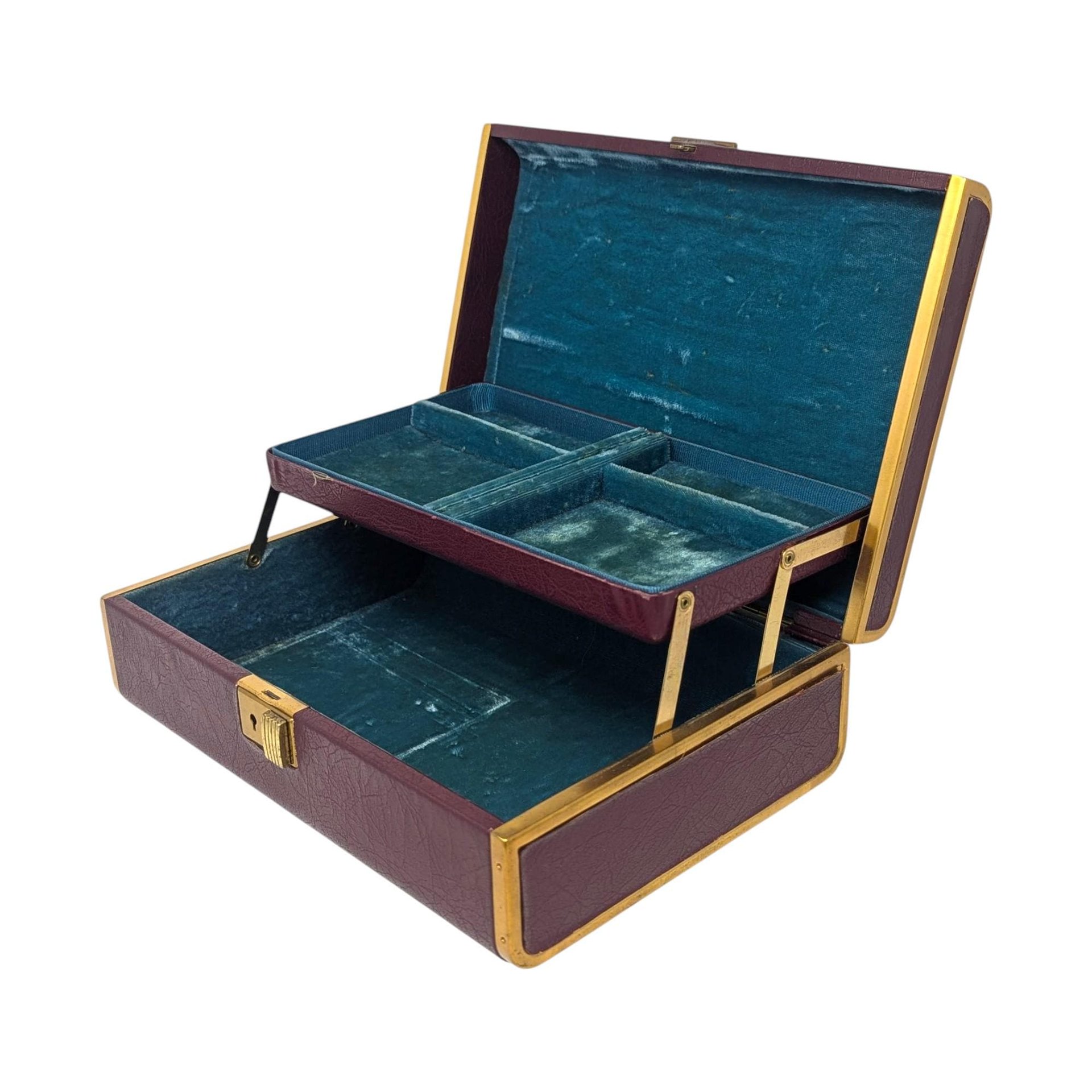 Vintage Maroon Jewelry Box: Tiered Tray with Blue Velvet