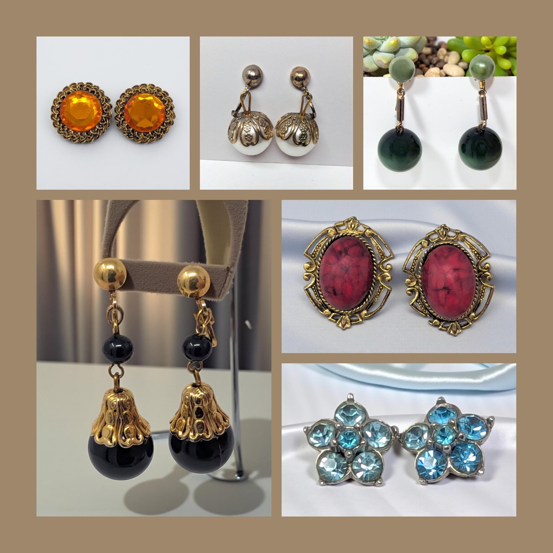 A curated selection of six unique vintage earrings featuring various styles and closures. The collection includes ornate black and gold dangles, classic green bead screw-backs, vibrant faceted orange buttons, mottled red cabochons in antiqued frames, sparkling blue rhinestone flowers, and elegant white faux-pearl filigree dangles. Each pair showcases mid-century textures ranging from high-polish gold-tone to intricate silver-tone settings.