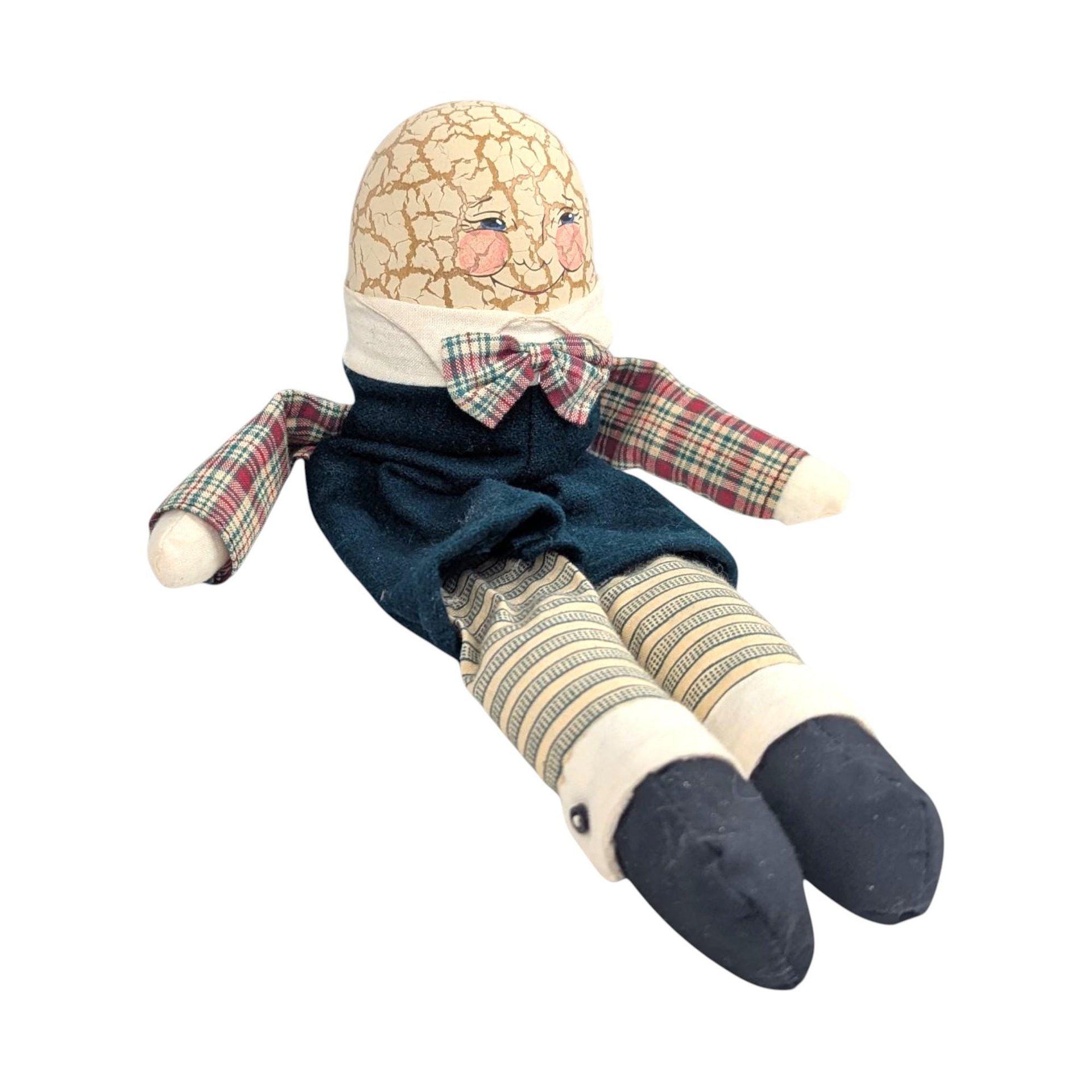 Vintage Crackle Finish Egg Doll: Country Plaid Shelf Sitter, Folk Art Decor
