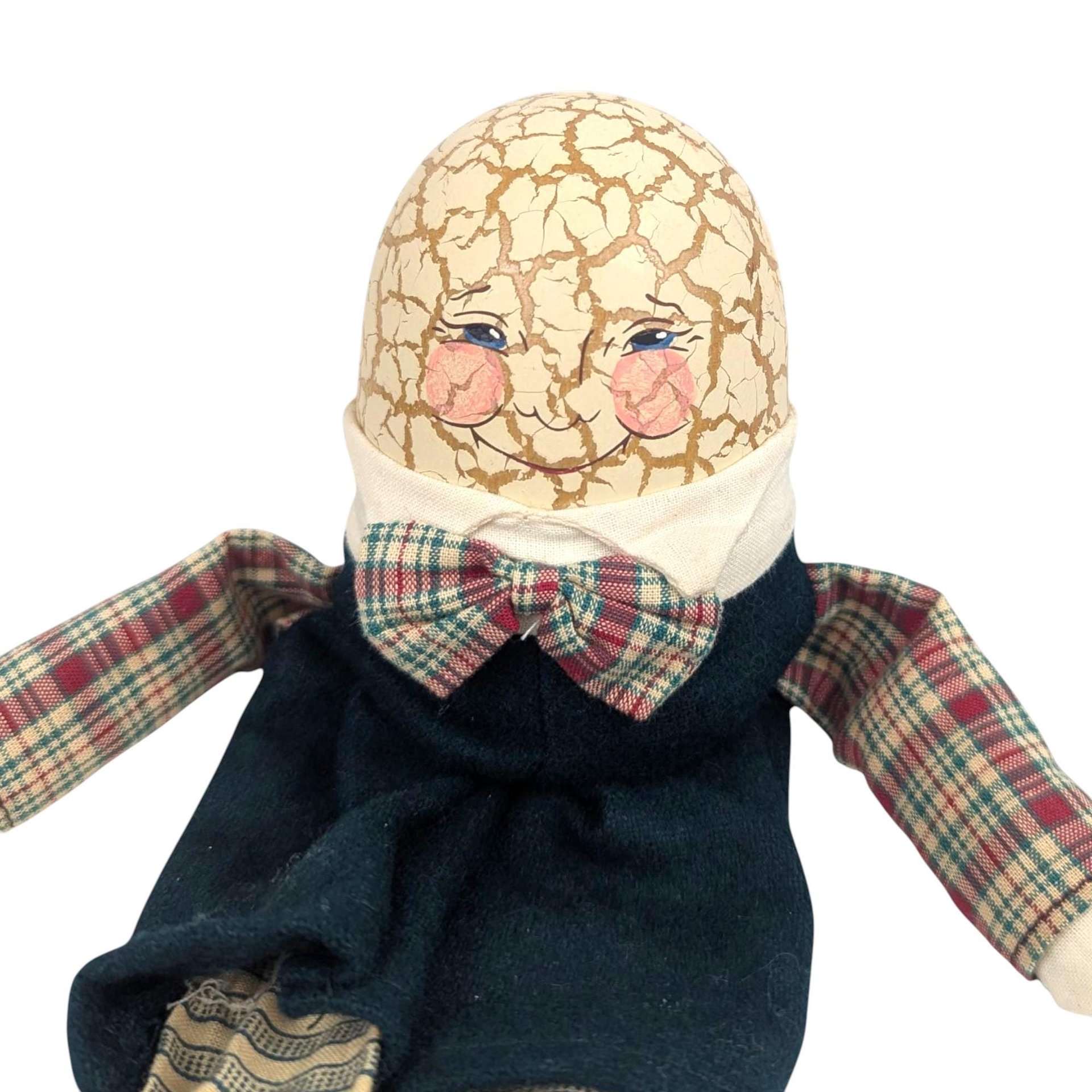 Vintage Crackle Finish Egg Doll: Country Plaid Shelf Sitter, Folk Art Decor