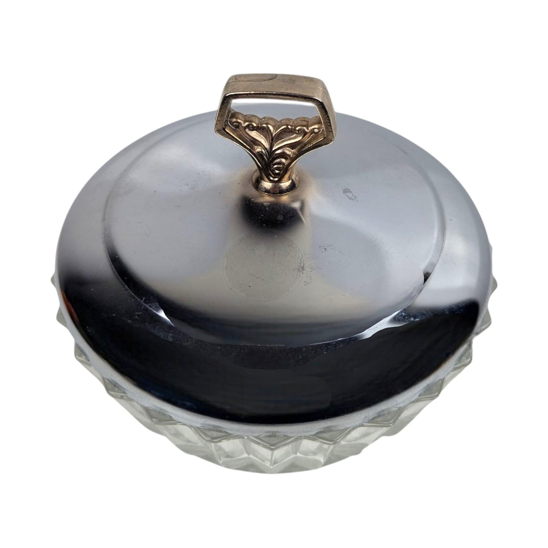 Vintage Glass Powder Jar: Mid-Century Vanity Box with Chrome Lid