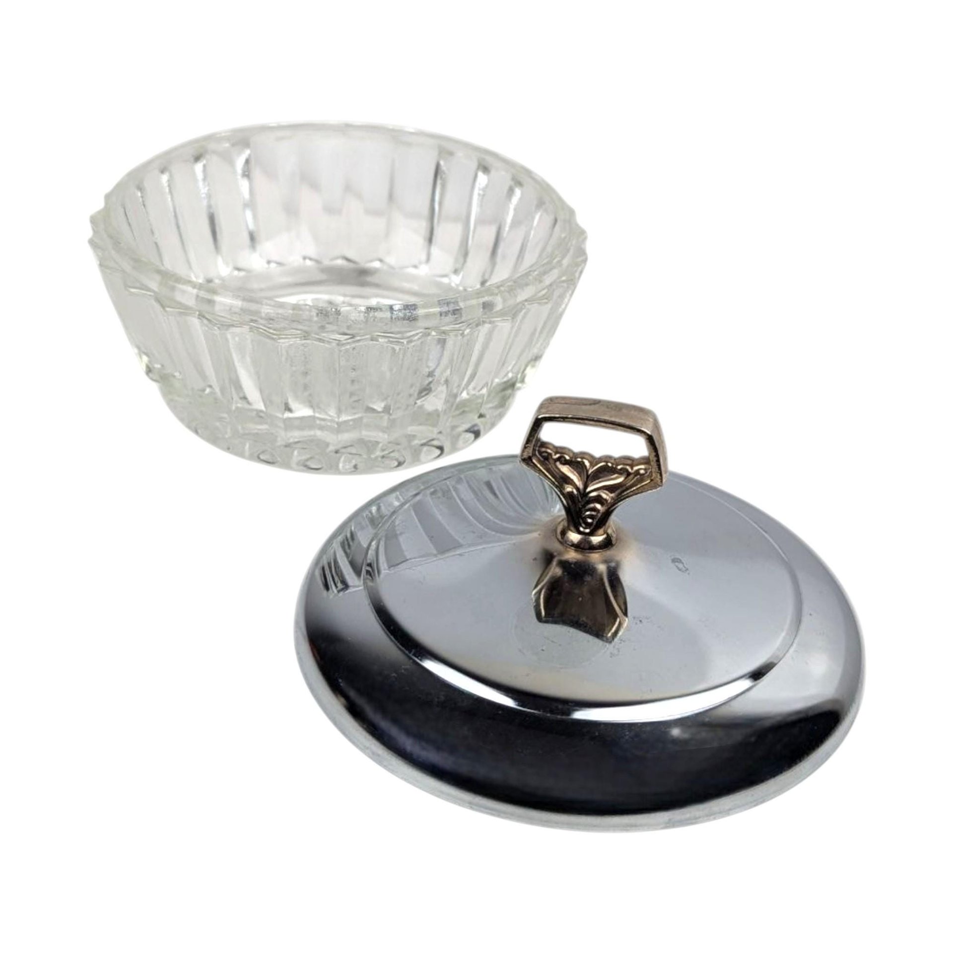 Vintage Glass Powder Jar: Mid-Century Vanity Box with Chrome Lid
