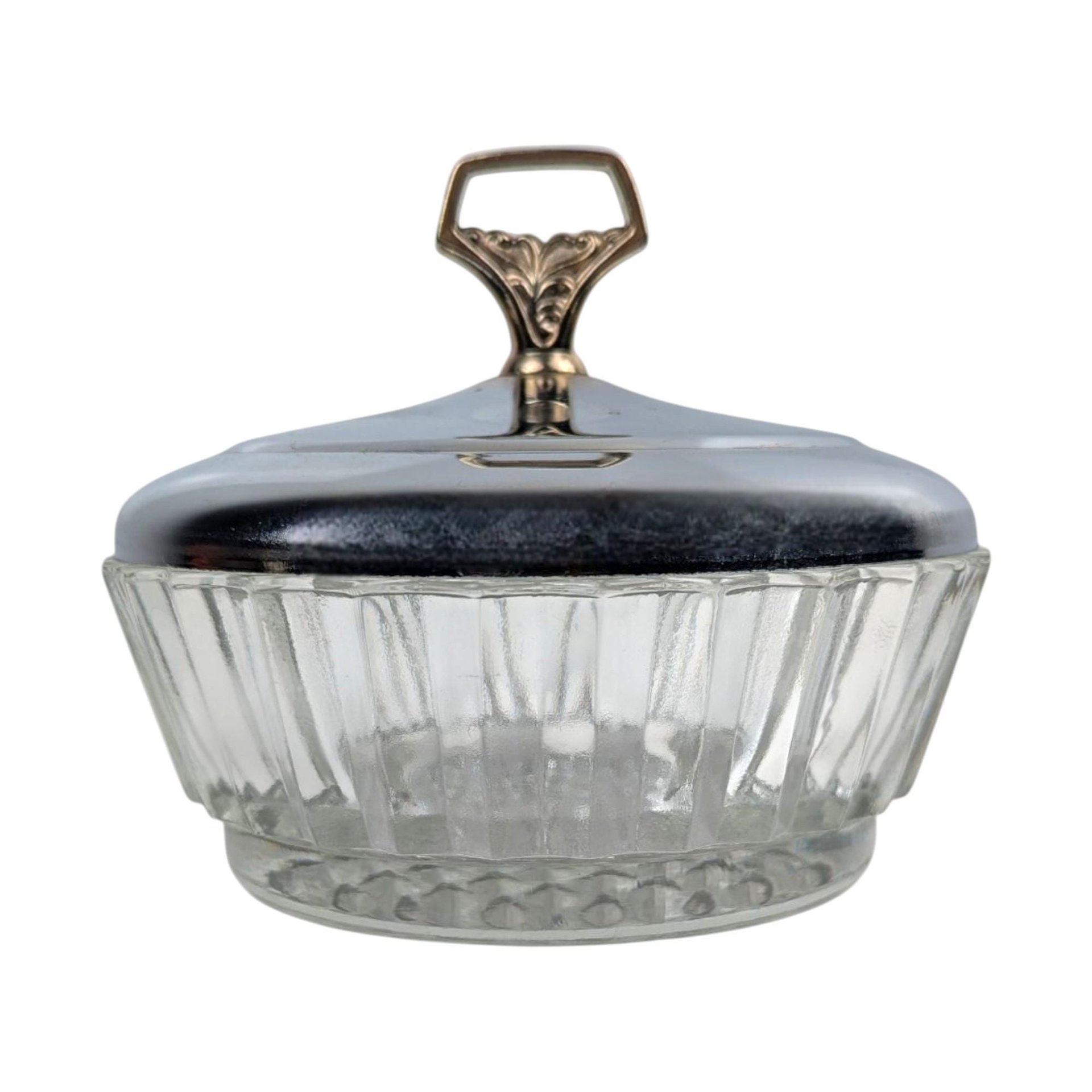 Vintage Glass Powder Jar: Mid-Century Vanity Box with Chrome Lid