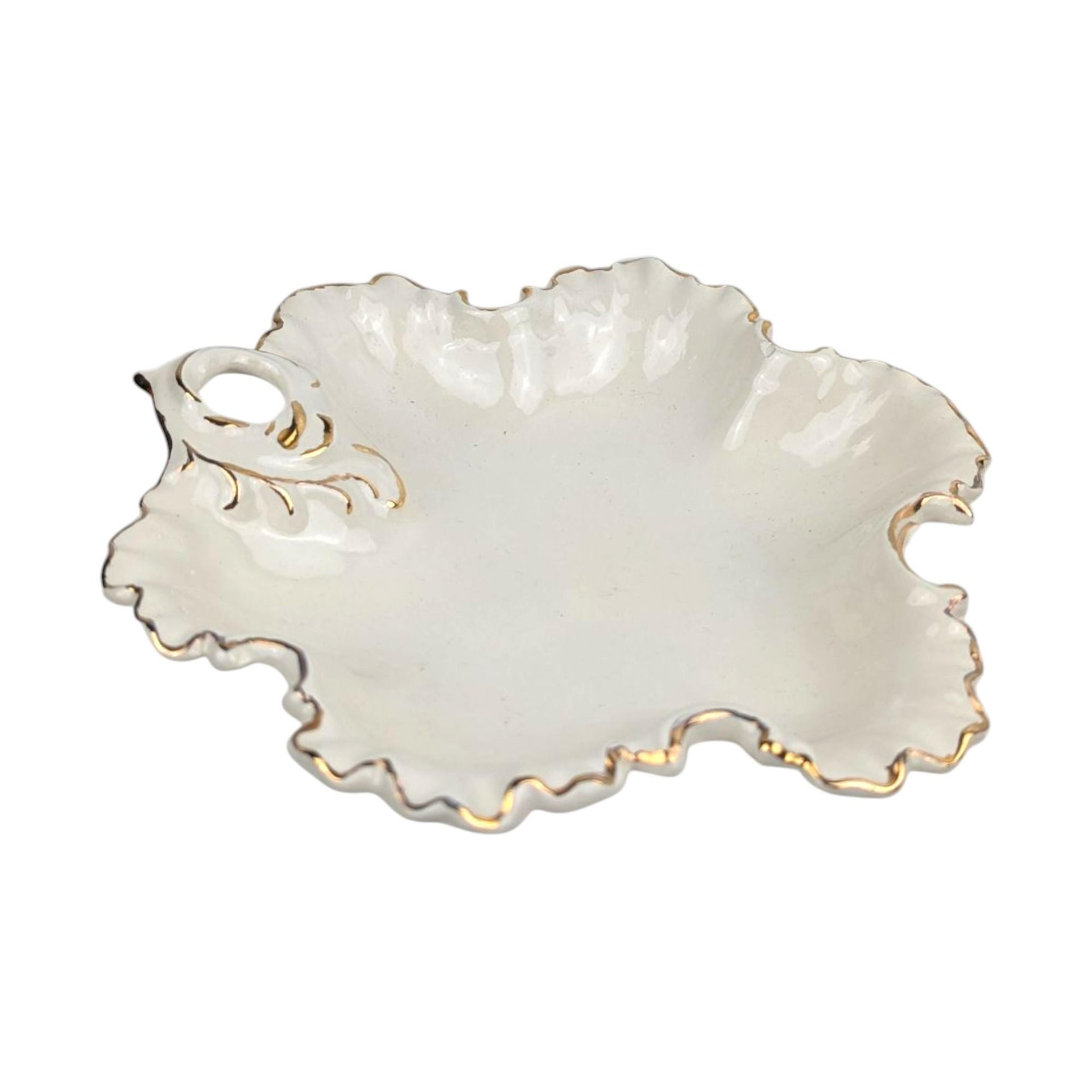 Vintage 1987 Ceramic Leaf Dish: Cream and Gold Gilt Trinket Tray, Hollywood Regency Candy Dish