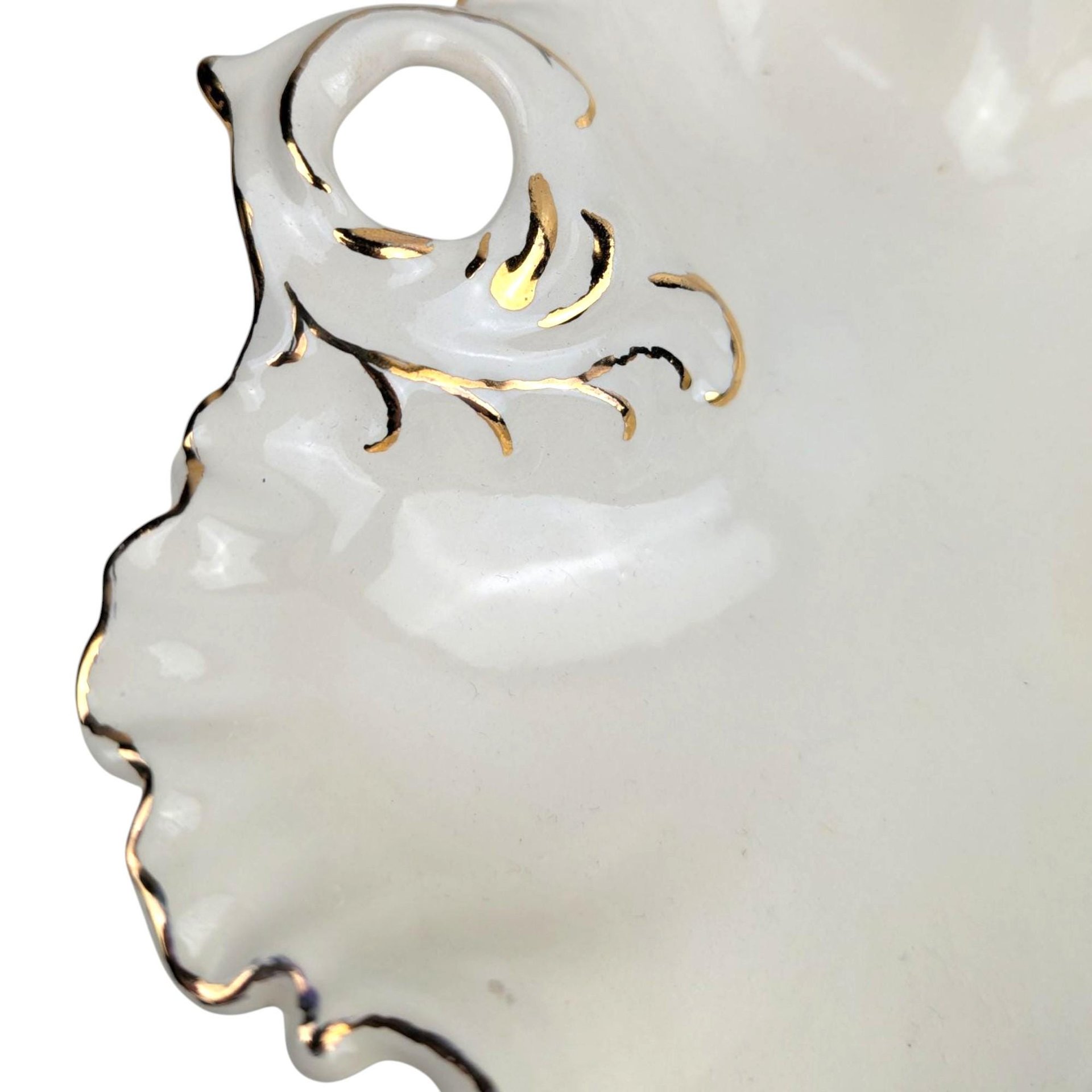 Vintage 1987 Ceramic Leaf Dish: Cream and Gold Gilt Trinket Tray, Hollywood Regency Candy Dish