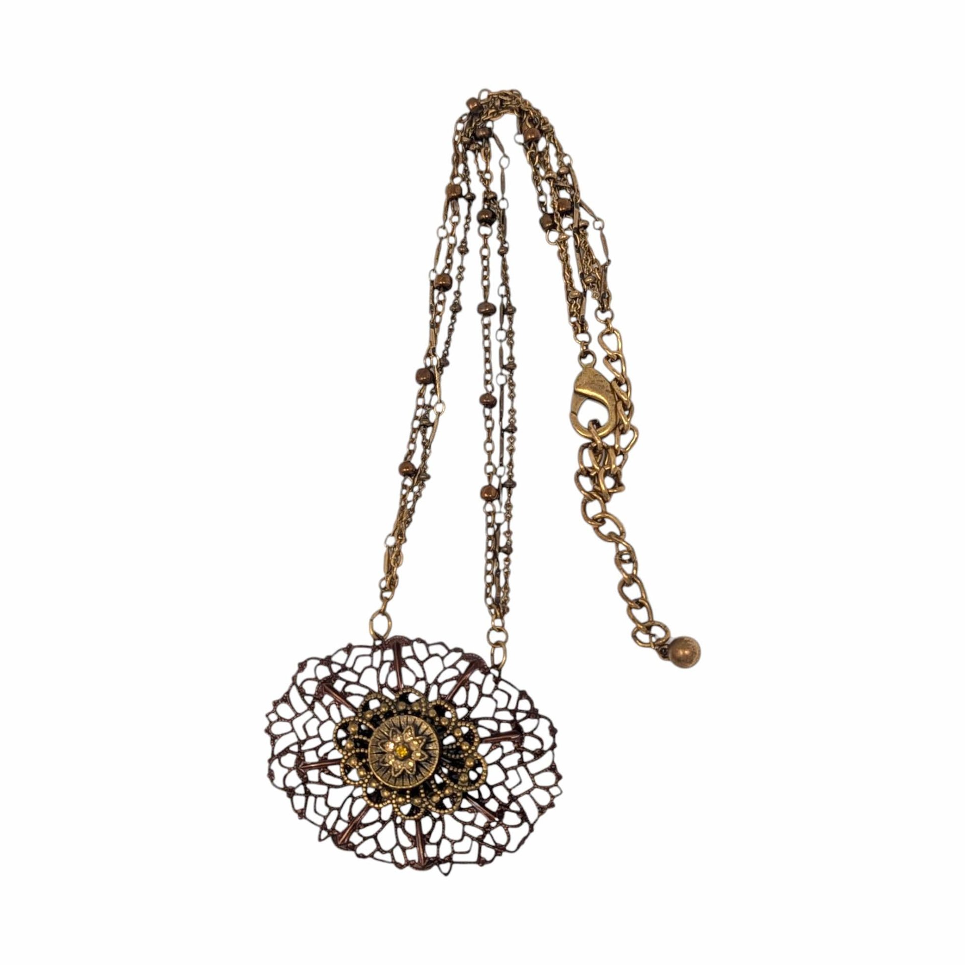 Vintage KC 3 Strand Necklace: Bronze Tone Filigree Medallion Pendant