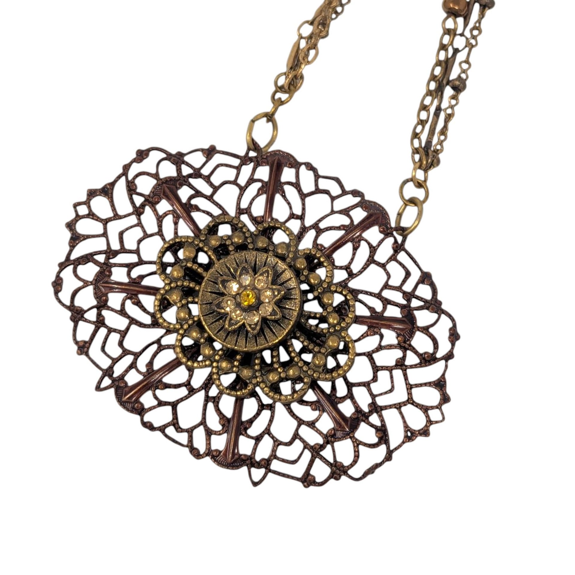 Vintage KC 3 Strand Necklace: Bronze Tone Filigree Medallion Pendant