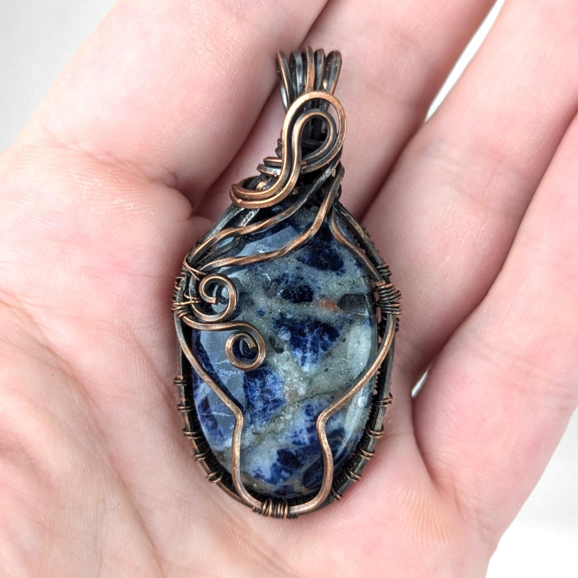 Copper Wire Wrapped Sodalite Pendant: Handmade Artisan Blue Stone Jewelry