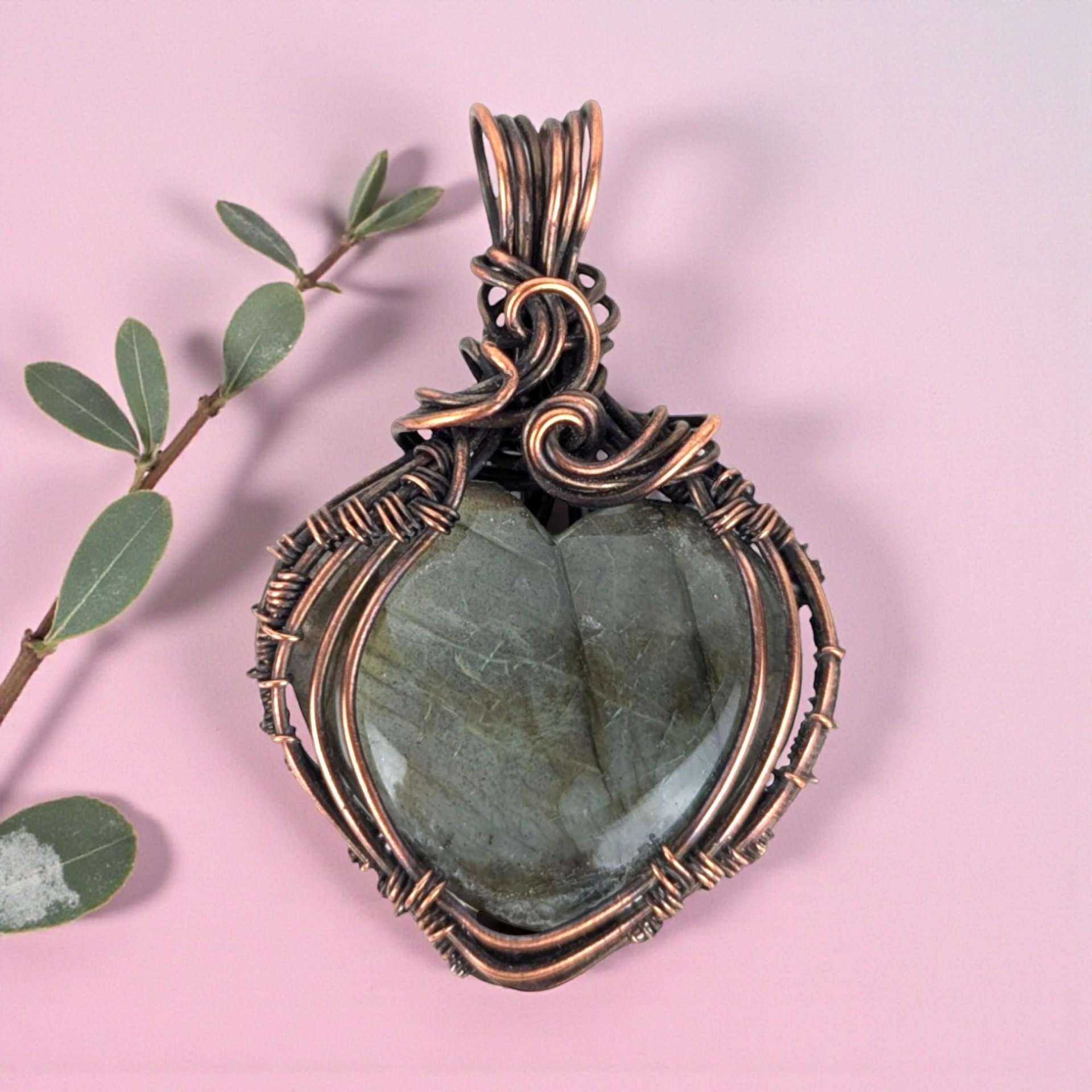 Copper Labradorite Heart Pendant: Handmade Wire Wrapped Jewelry