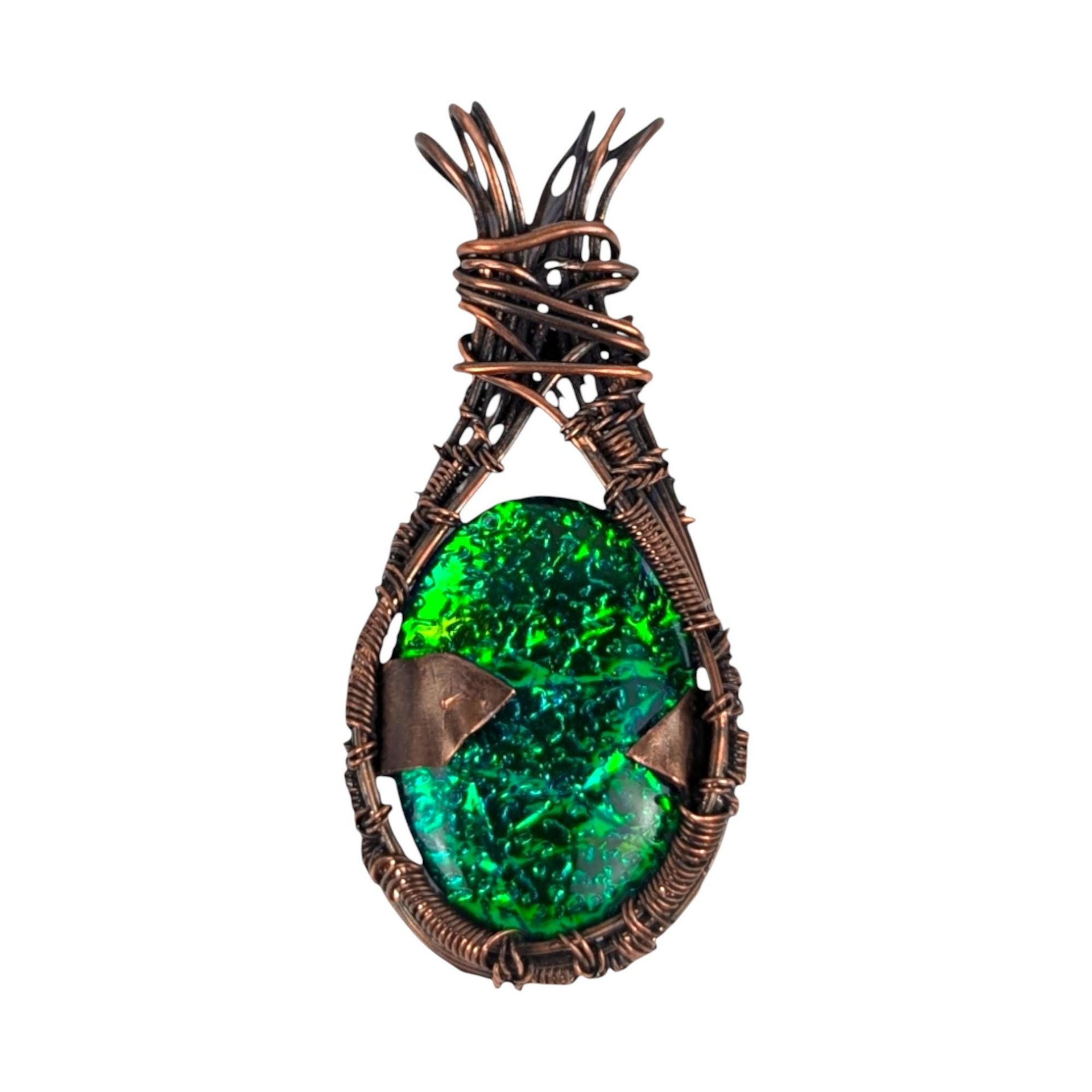 Copper Wire Wrapped Green Imitation Opal Pendant: Handmade Artisan Jewelry