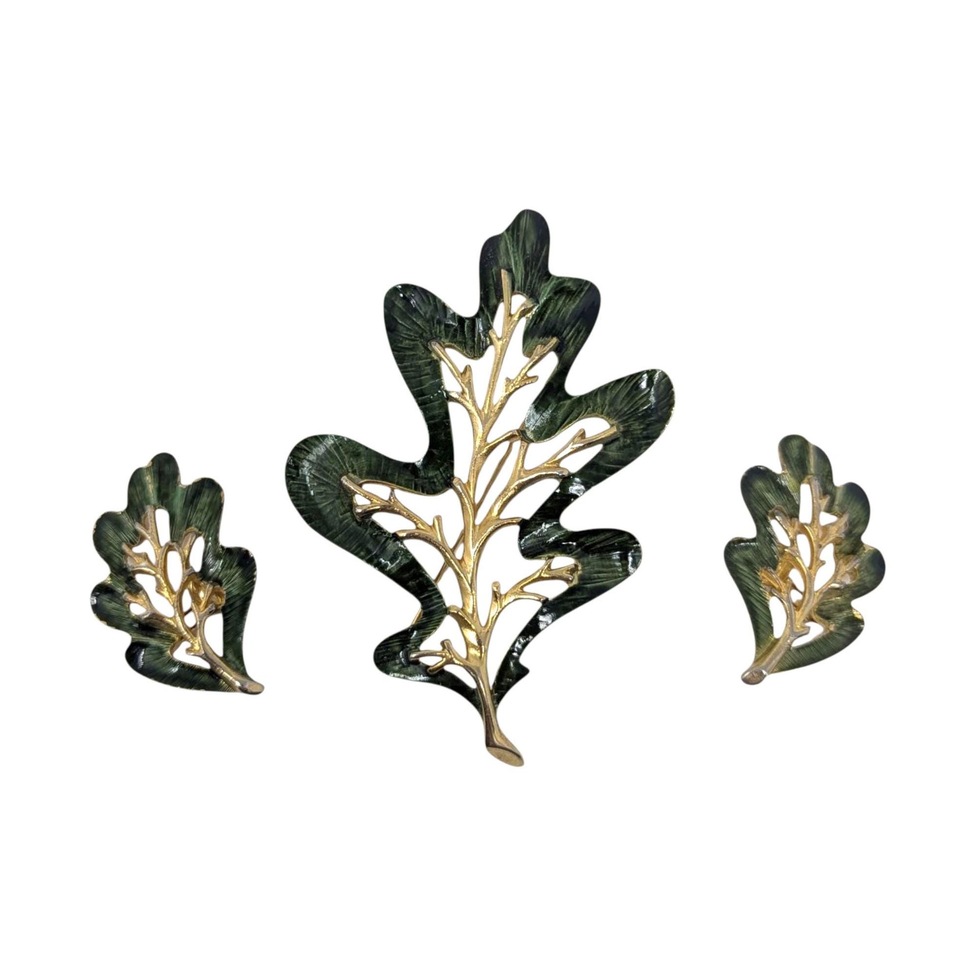 Vintage Sarah Coventry Leaf Jewelry Set: 1960s Brooch Clip On Earrings