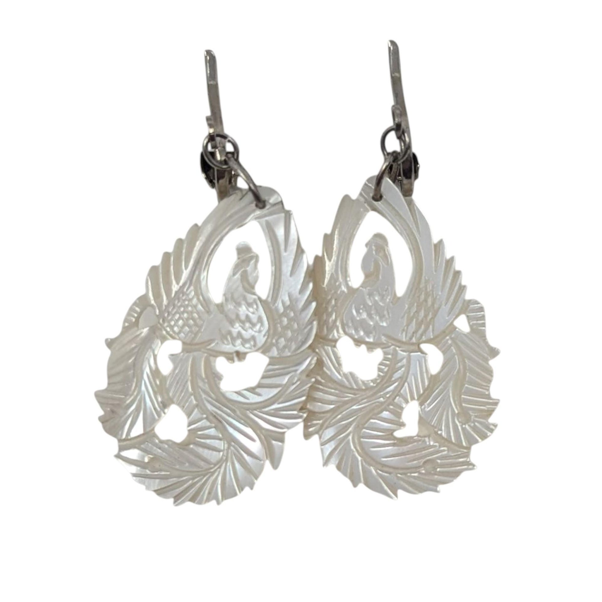 Vintage Carved Shell Bird Earrings: Mother of Pearl Clip On Dangles