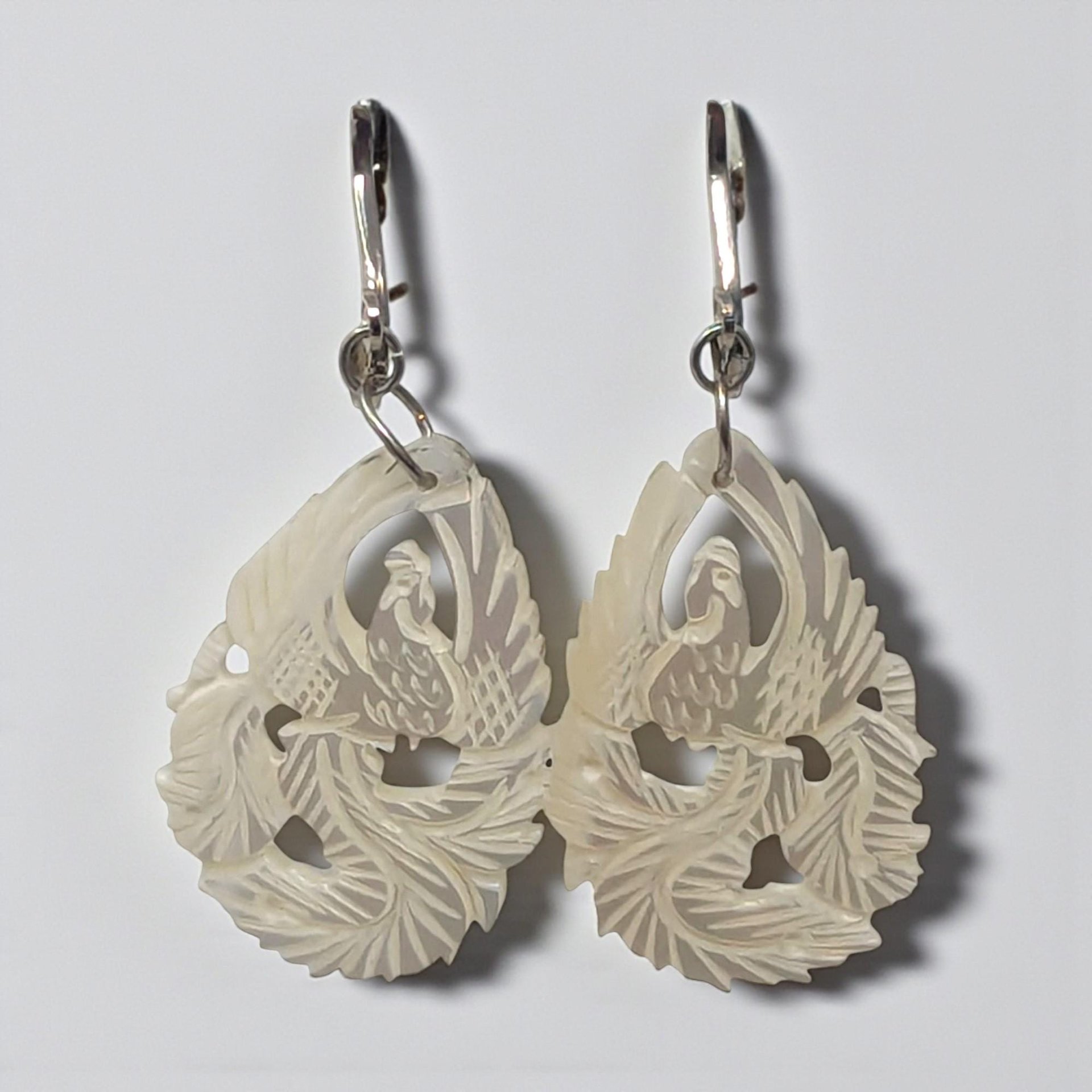 Vintage Carved Shell Bird Earrings: Mother of Pearl Clip On Dangles