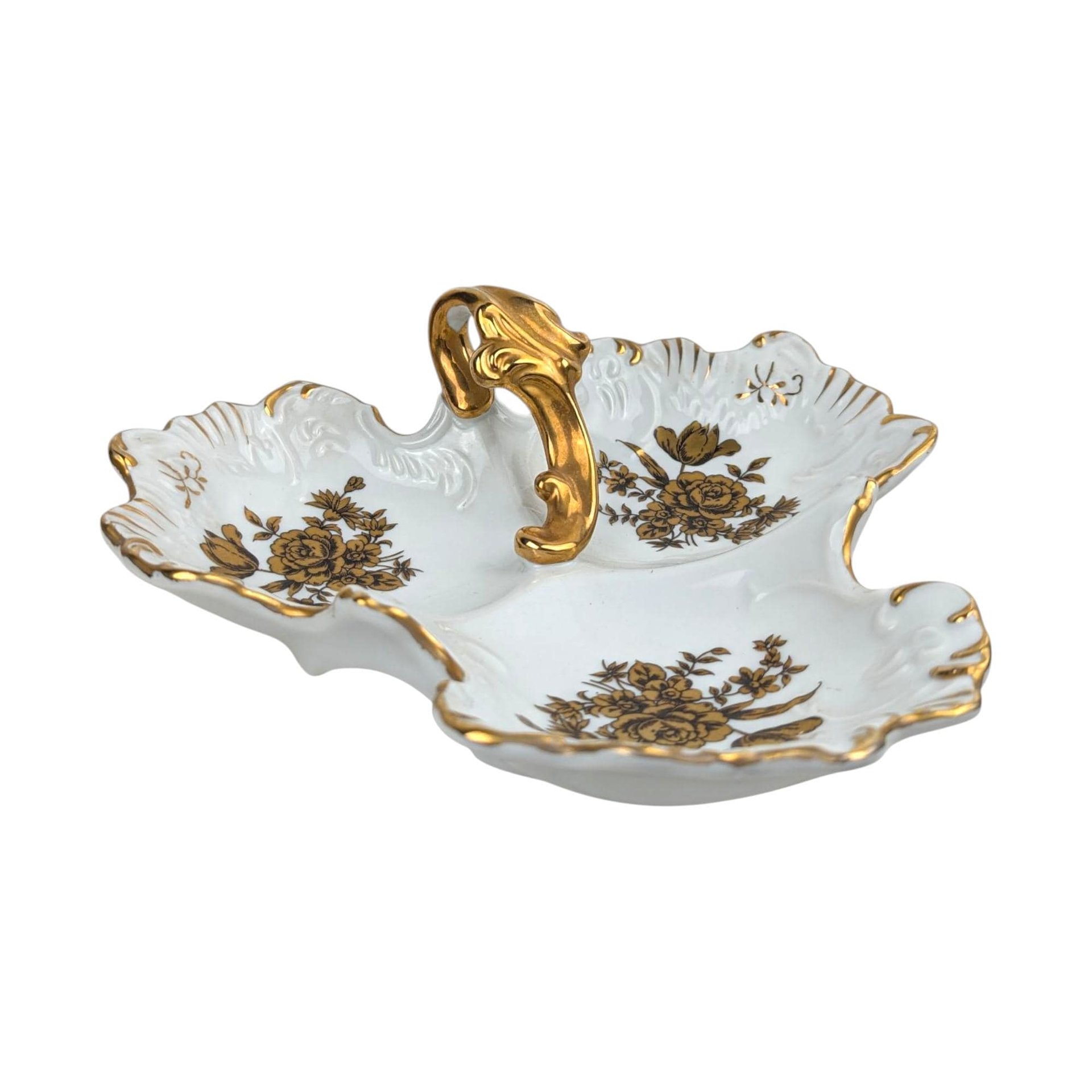 Vintage Mid-Century Gold Floral Dish: 3-Part Ceramic Trinket Tray