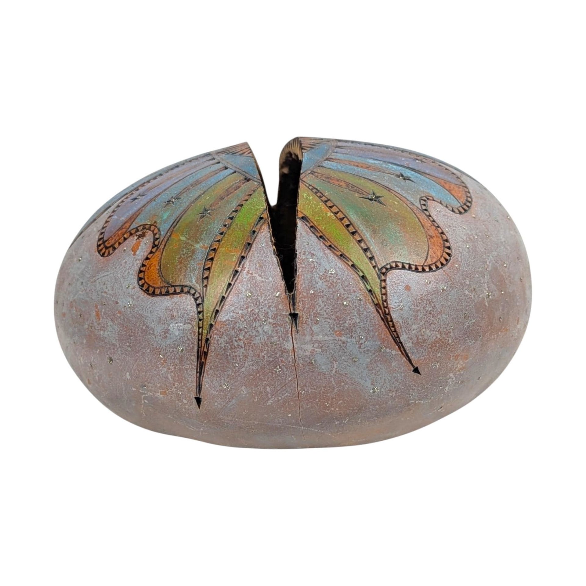 Vintage Folk Art Gourd Bowl: Carved Celestial Art