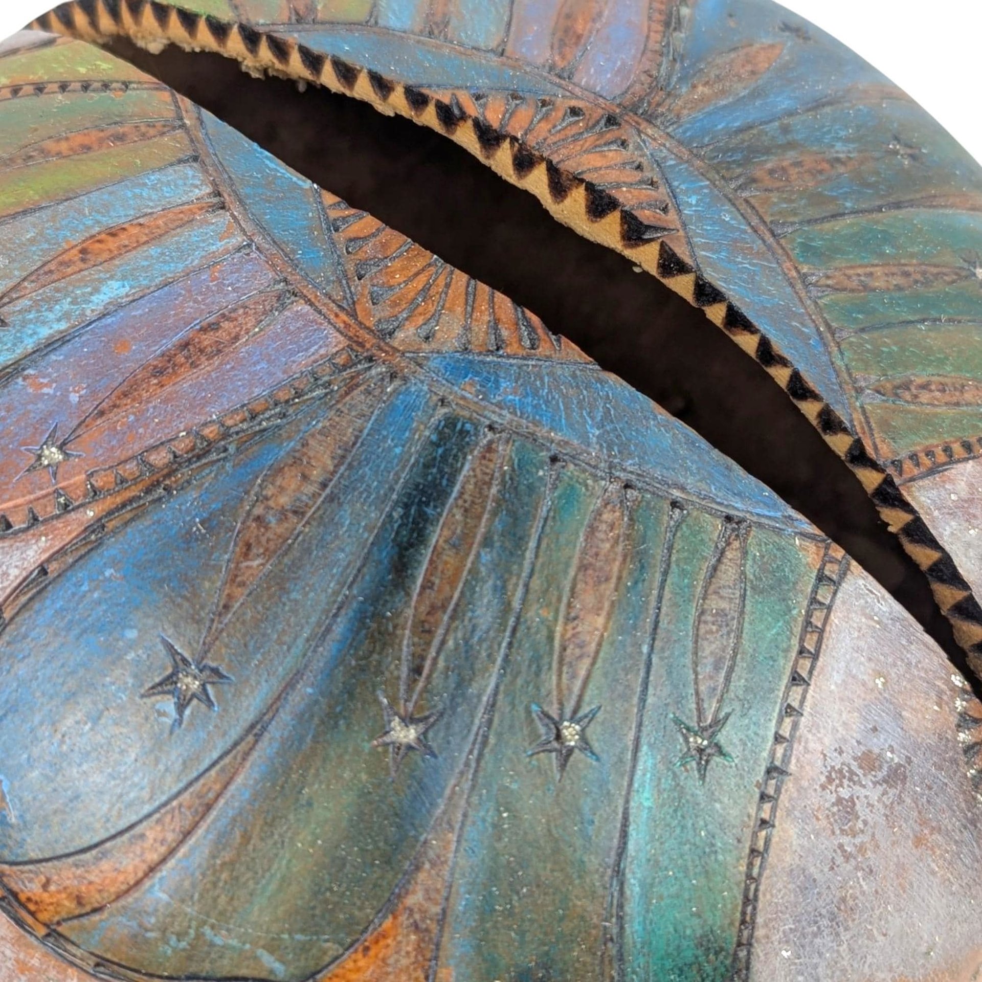 Vintage Folk Art Gourd Bowl: Carved Celestial Art