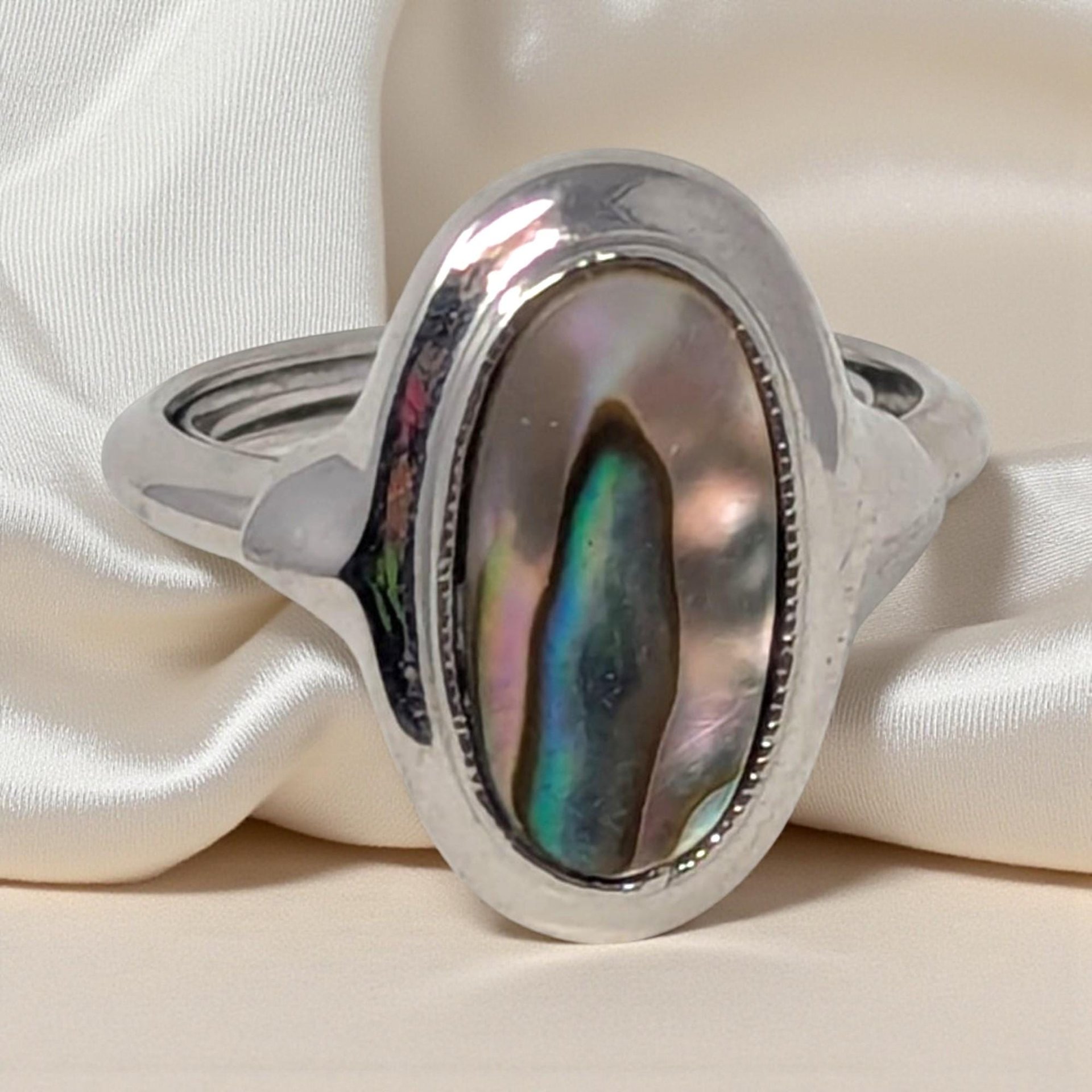 Vintage Avon Abalone Shell Ring: Silver Tone Adjustable Band