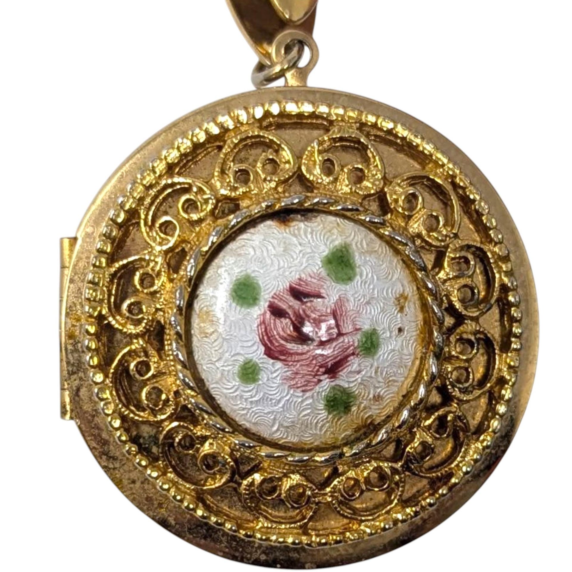 Vintage Pink Rose Locket Necklace: Gold Tone Ornate Floral Jewelry