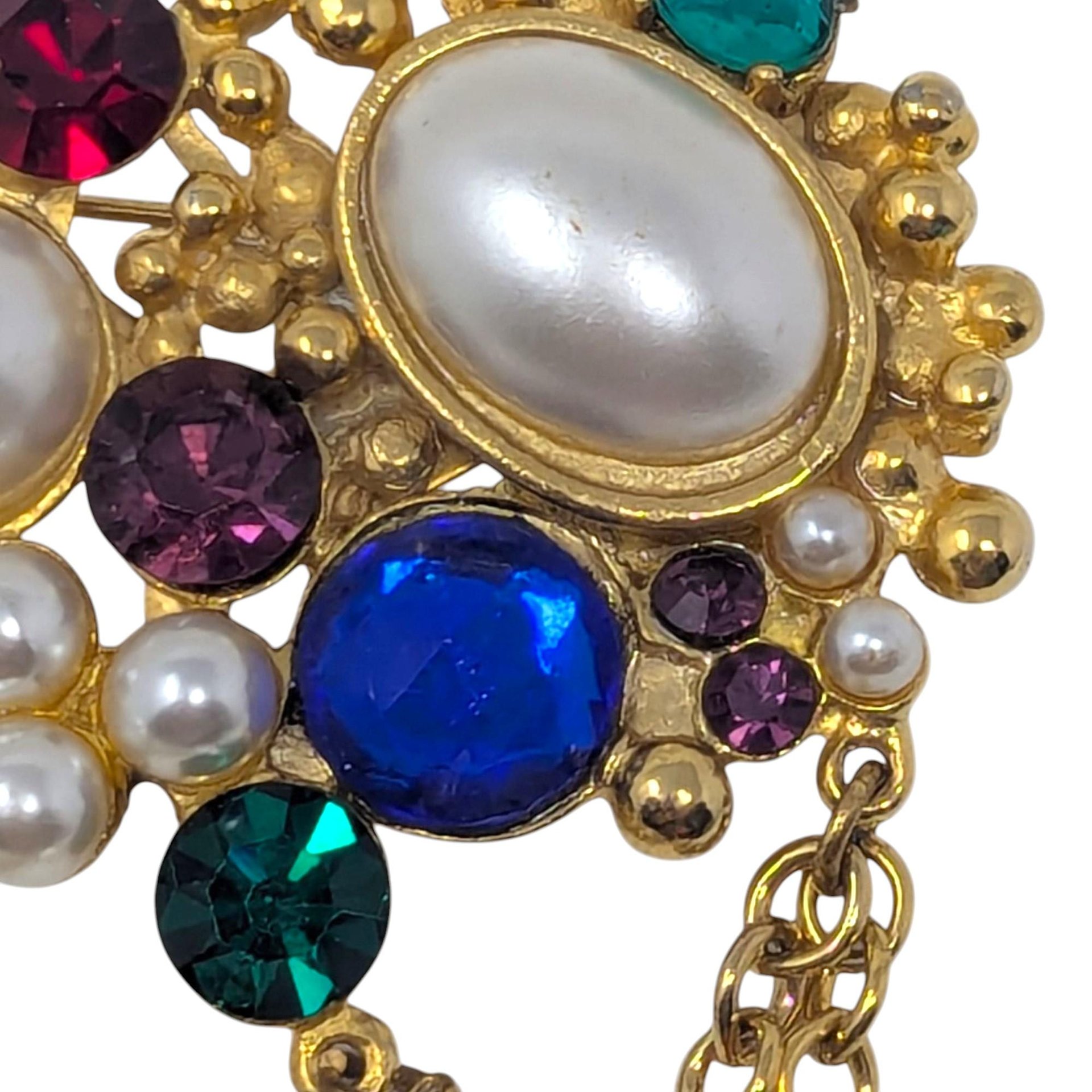 Vintage 80s Maximalist Brooch: Couture Style Jewel & Pearl Dangle Pin