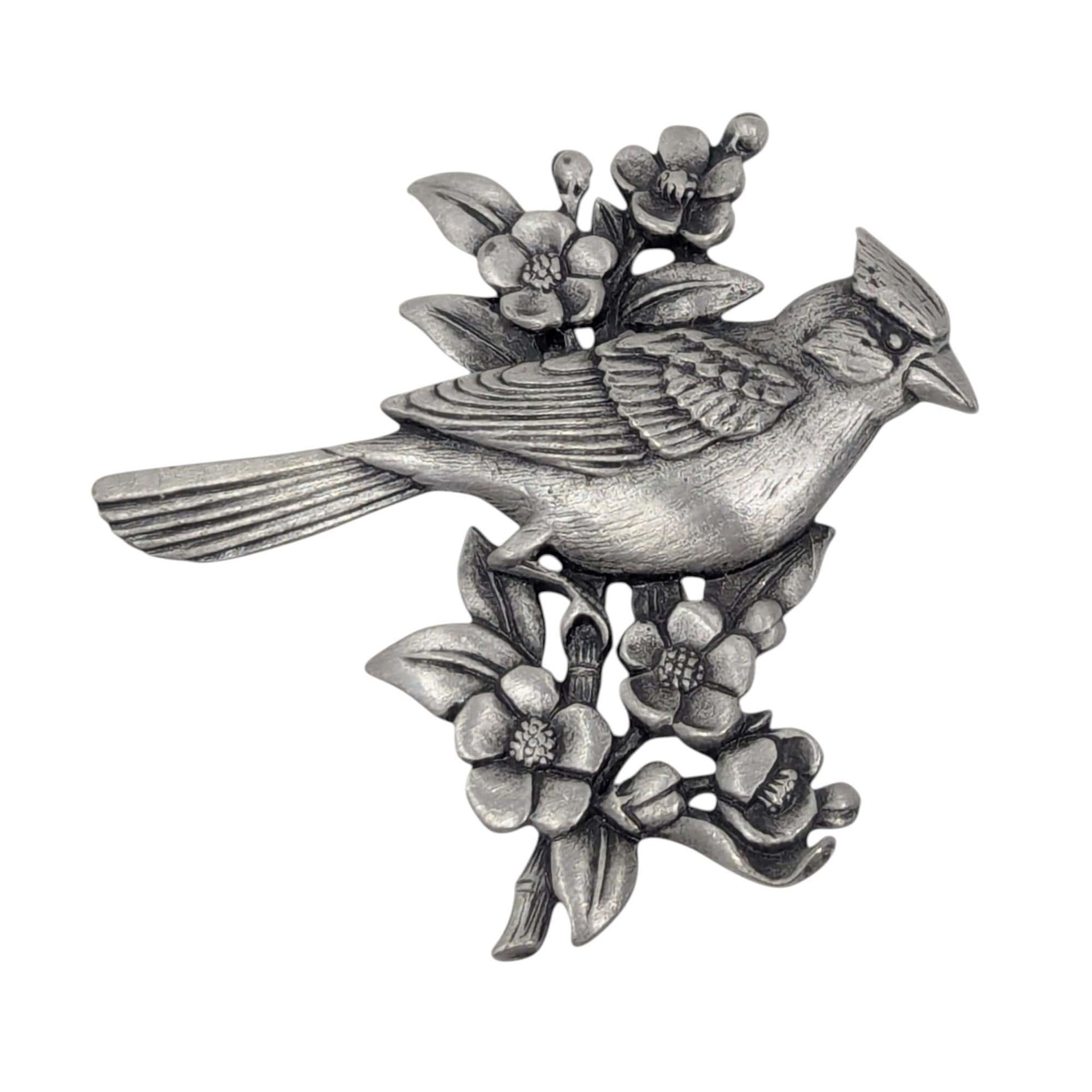 Vintage 1980s JJ Cardinal Brooch: Jonette Jewelry Silver Tone Bird Pin