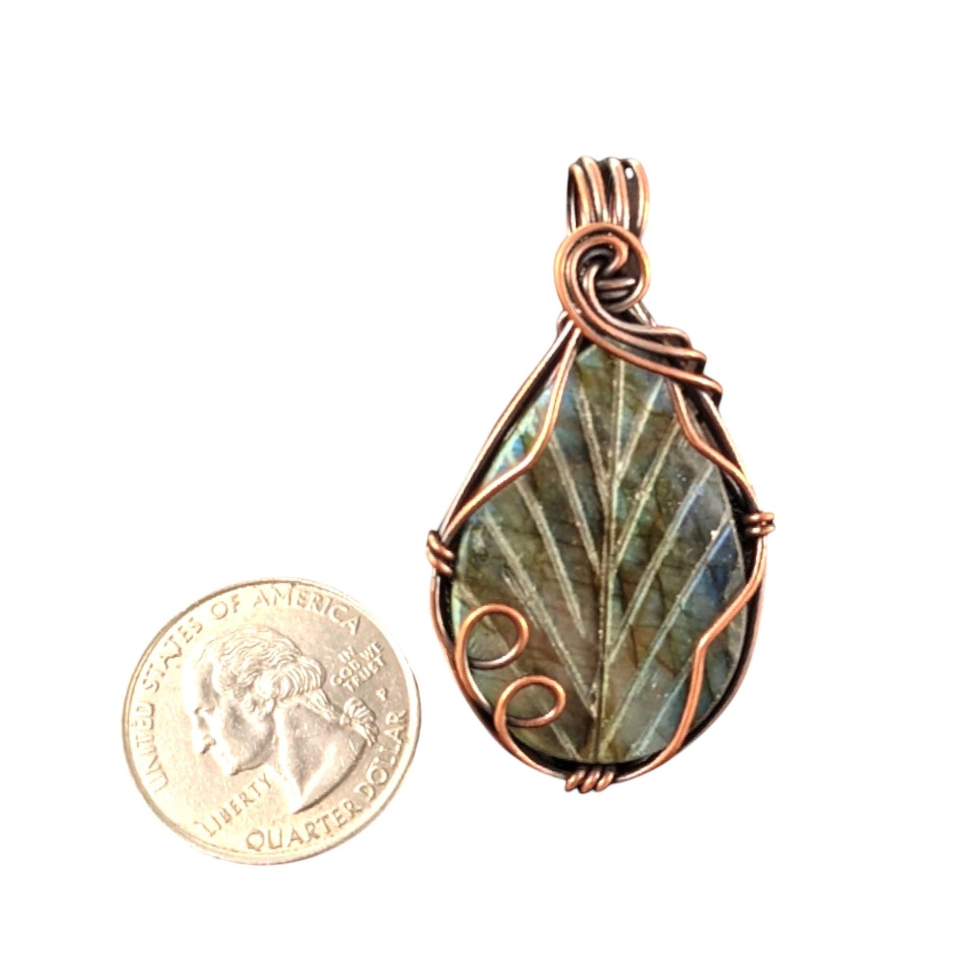 Leaf Carved Labradorite Pendant: Handmade Copper Wire Wrapped Jewelry
