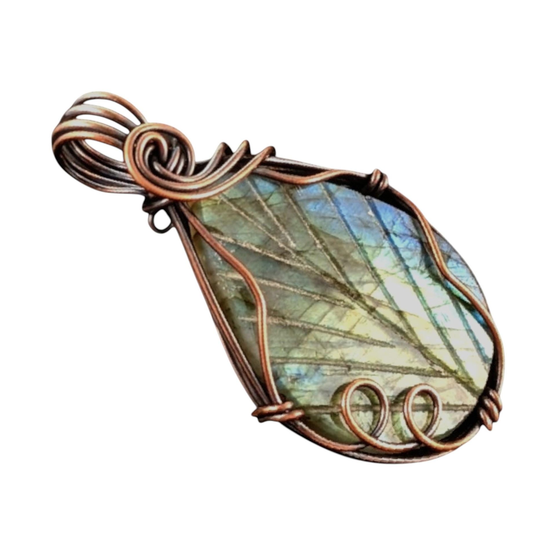 Leaf Carved Labradorite Pendant: Handmade Copper Wire Wrapped Jewelry