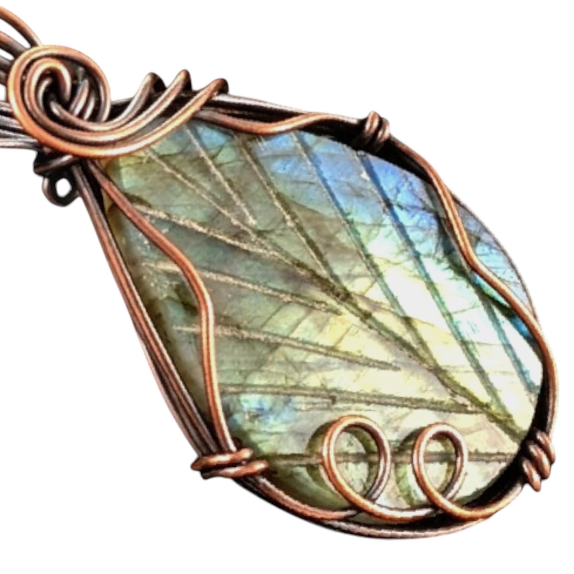 Leaf Carved Labradorite Pendant: Handmade Copper Wire Wrapped Jewelry
