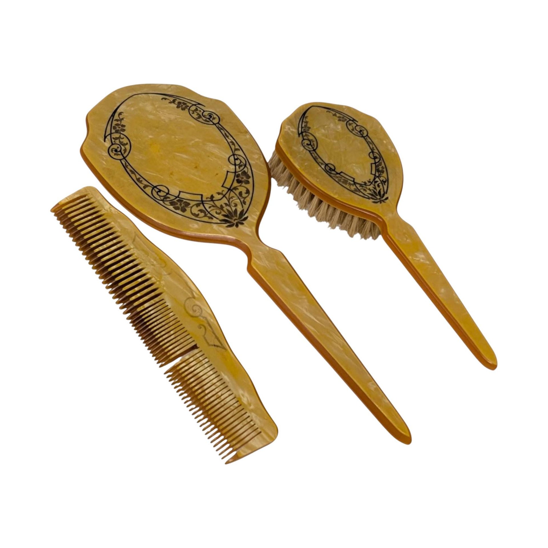 Vintage 1930s Celluloid Vanity Set: Art Deco Dresser Mirror and Brush