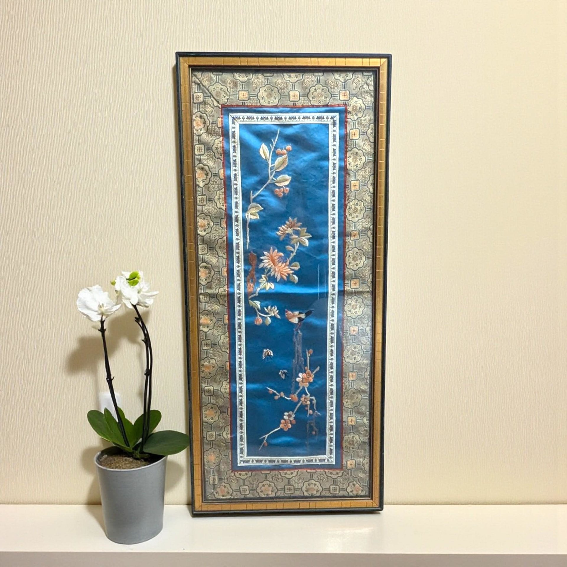 Vintage Framed Silk Embroidery: Asian Floral and Bird Art Panel