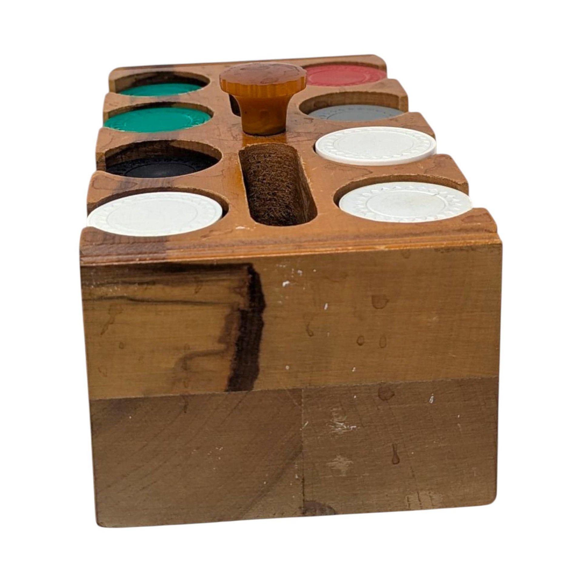 Vintage 1970s Poker Chip Caddy: Wooden Rack with Game Chips
