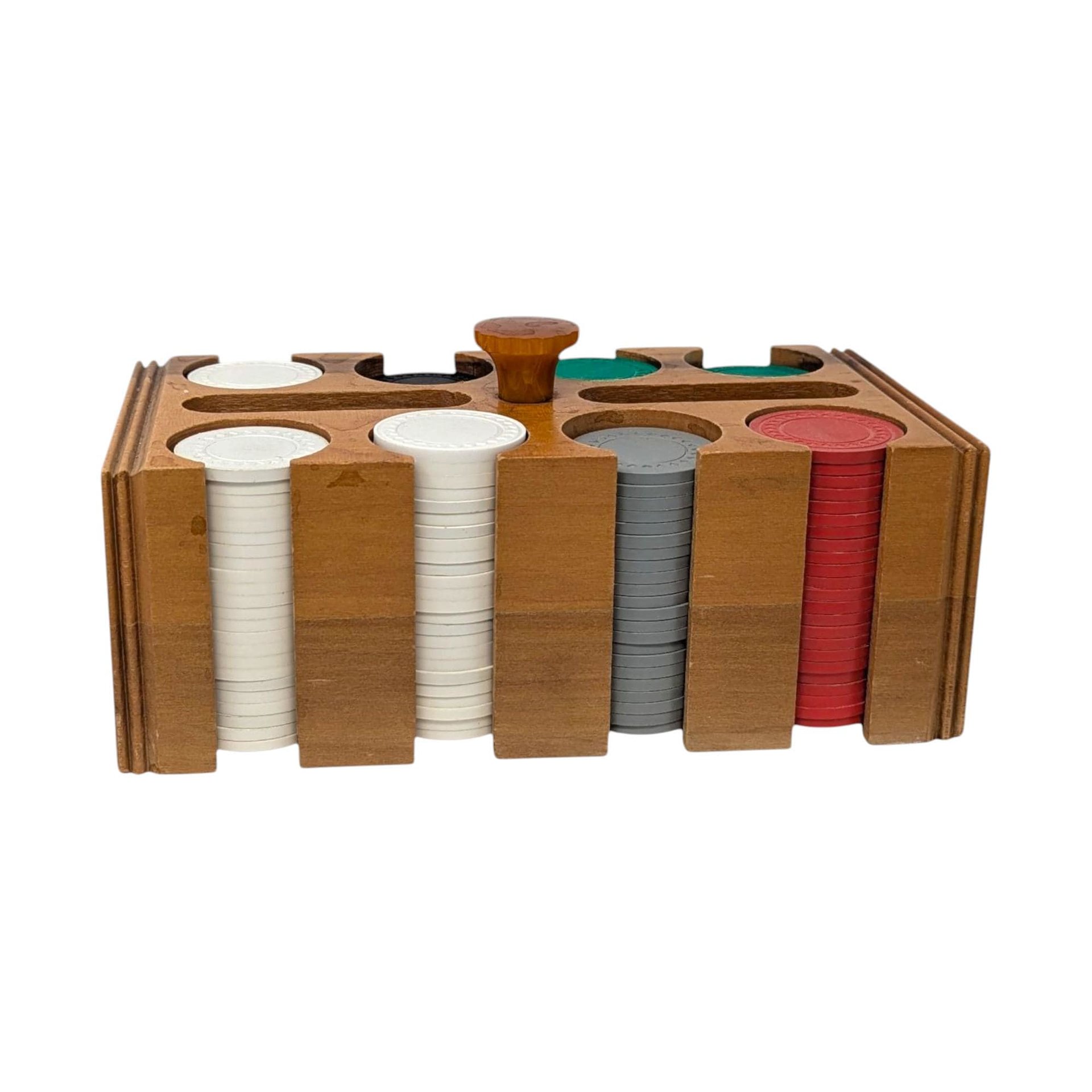Vintage 1970s Poker Chip Caddy: Wooden Rack with Game Chips
