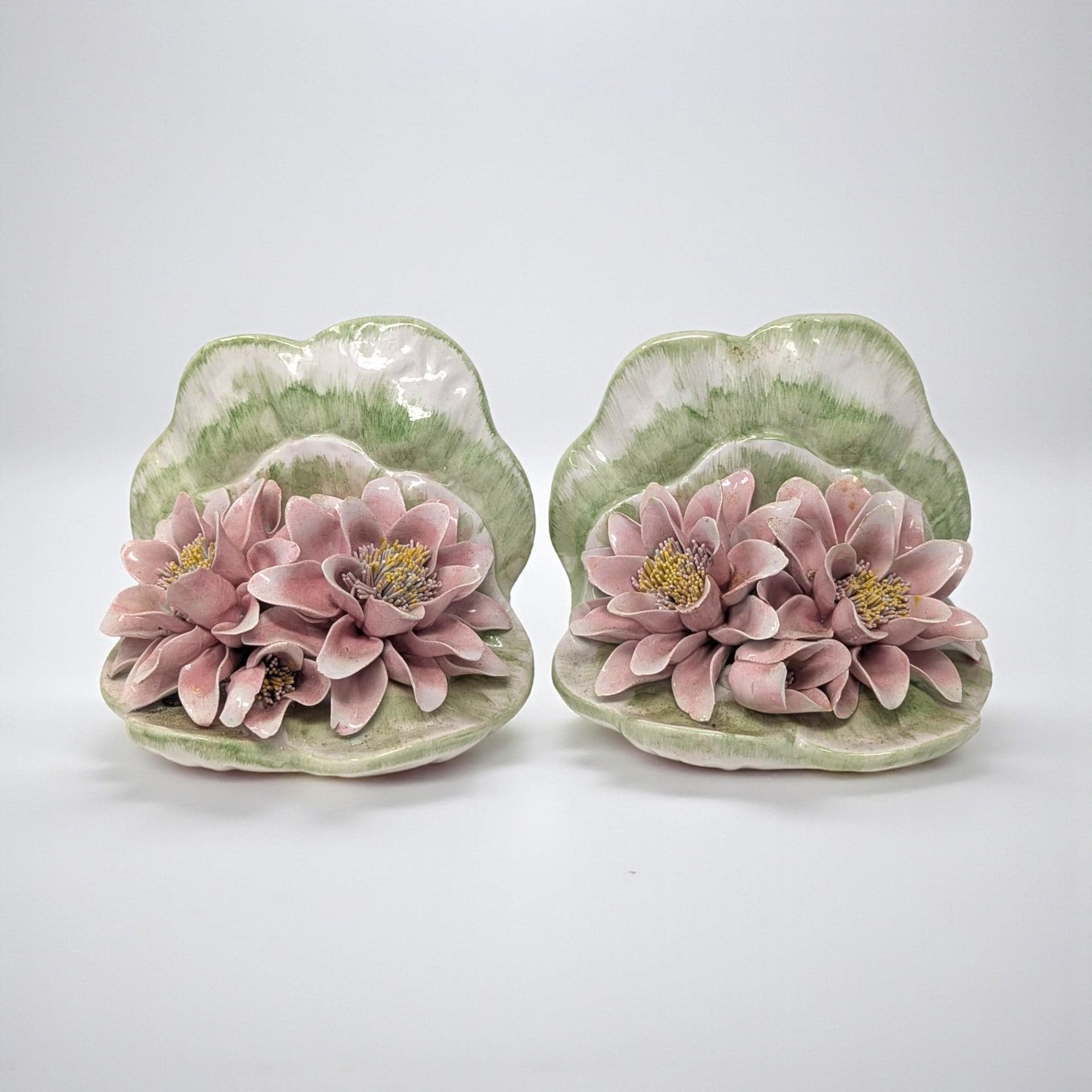 Vintage 1980s Italian Porcelain Bookends: OGG Italy Water Lily Pair