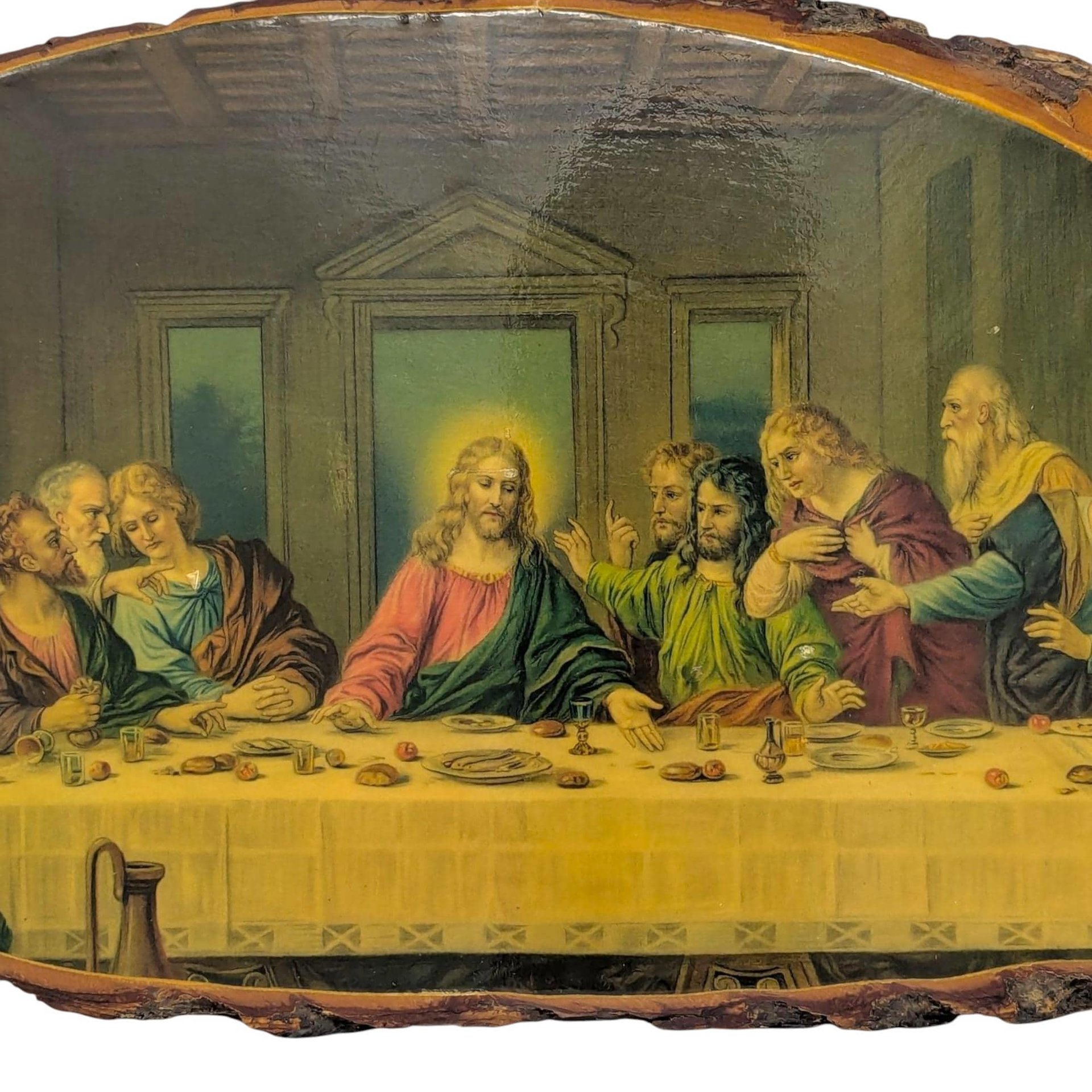 Vintage 1970s Last Supper Plaque: Rustic Wood Slice Wall Art
