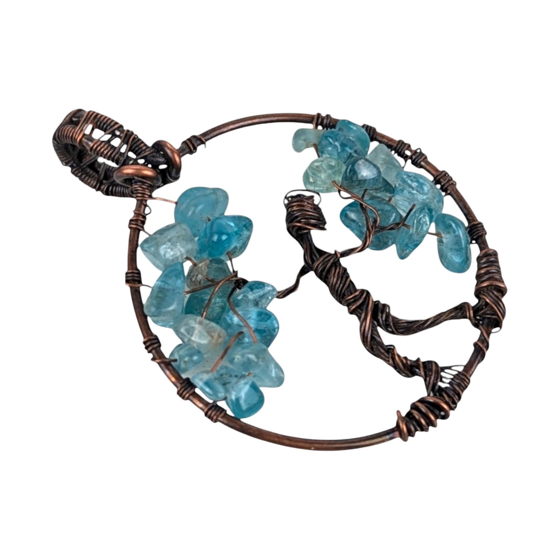 Copper Wire Figure Pendant: Handmade Artisan Jewelry with Blue Glass Chips