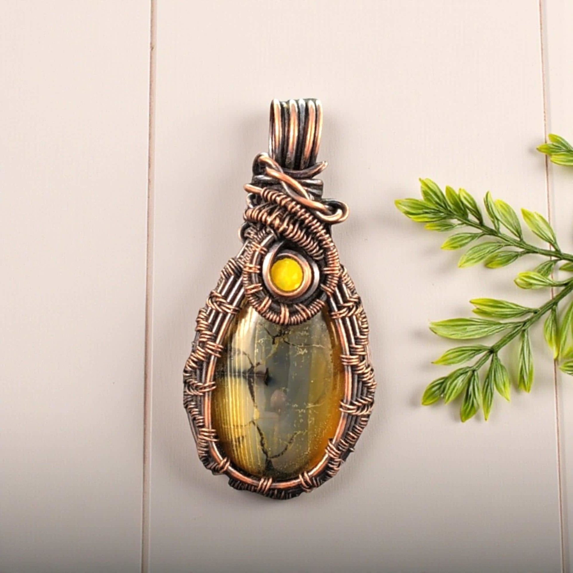 Dragon's Vein Agate Pendant: Copper Wire Wrapped Jewelry with Yellow Glass Accent