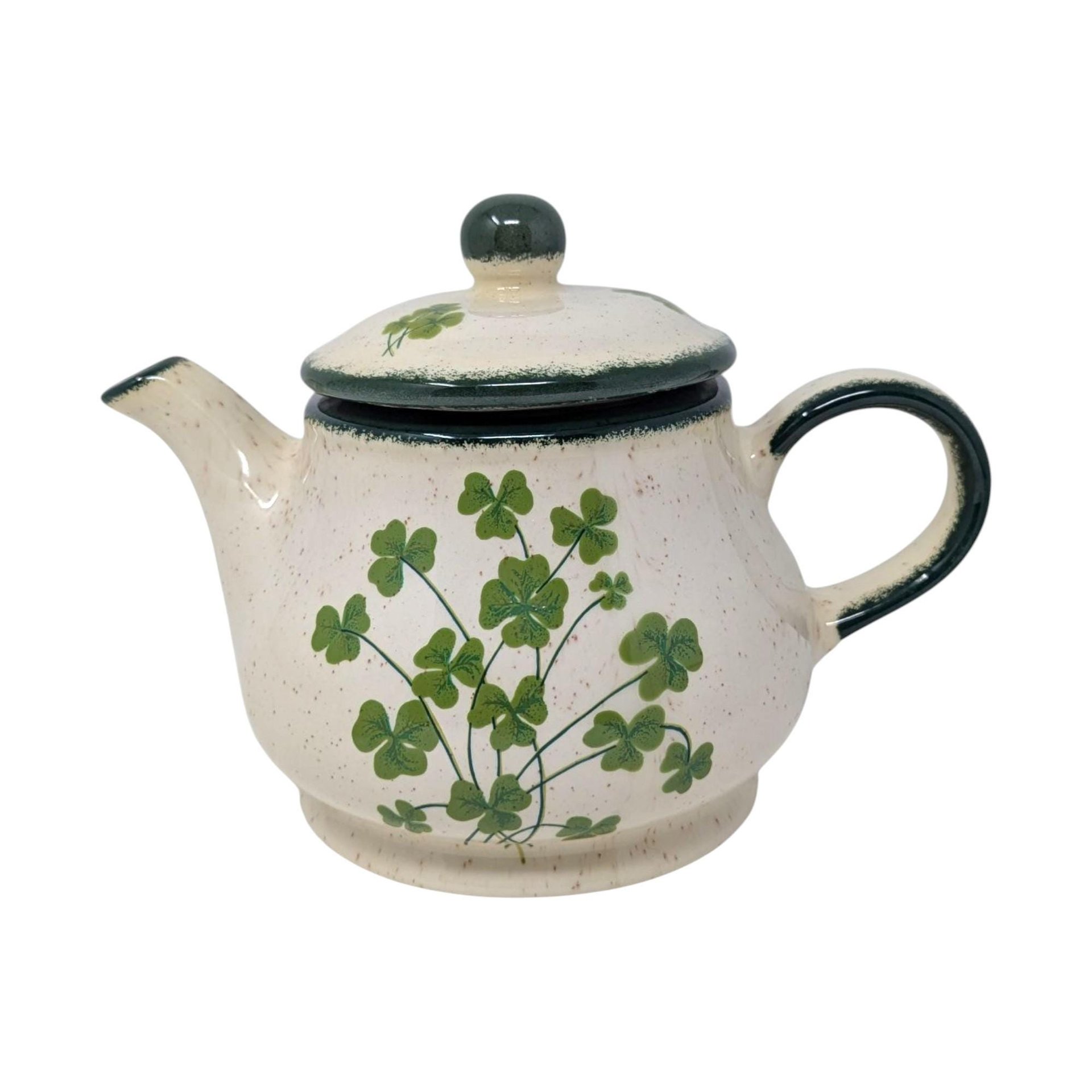 Vintage Irish Shamrock Tea Set: Pottery Teapot, Creamer, and Sugar