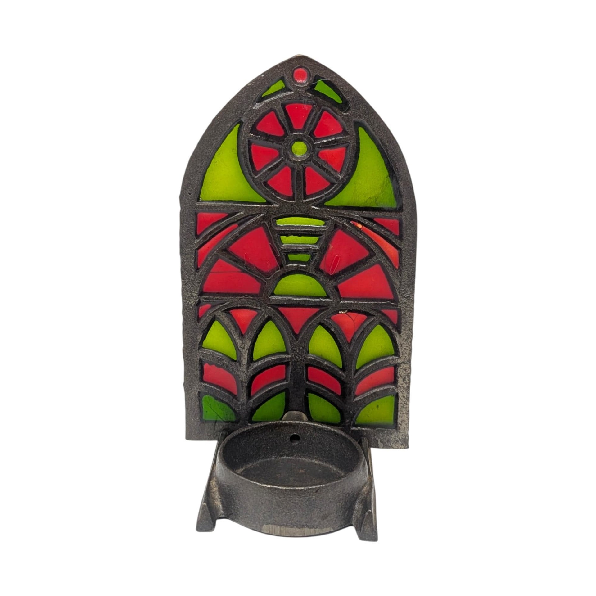 Vintage Faux Stained Glass Candle Holder: Gothic Cathedral Window Metal and Resin Tealight Holder