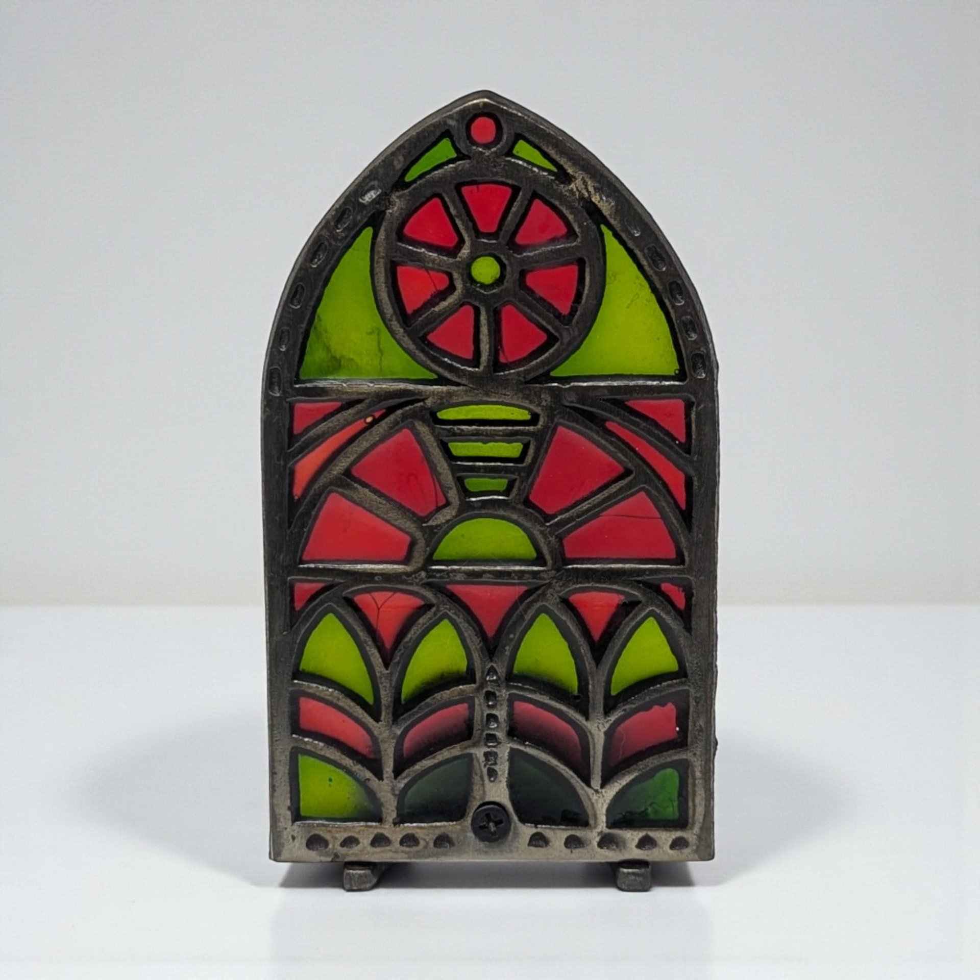 Vintage Faux Stained Glass Candle Holder: Gothic Cathedral Window Metal and Resin Tealight Holder
